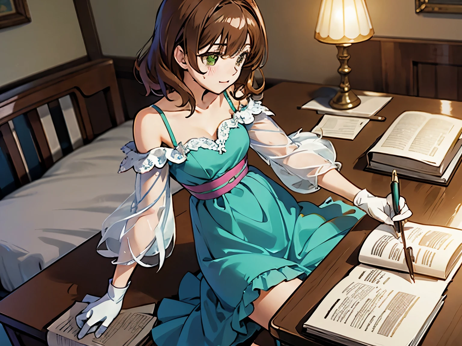 shoko sashinami, valvrave, masutepiece, Best Quality, Ultra-detailed, 1 girl, brown hair, green eyes, white gloves of right hands, underwear, dress, lace dress, blue camisole, white sweater, half-sleeves, off-shoulder sleeves, Metamorphosis is exposed, Bedroom, bed, desk, paper, book, pen, quill on the desk, holding a pen in the right hand, sitting on a chair