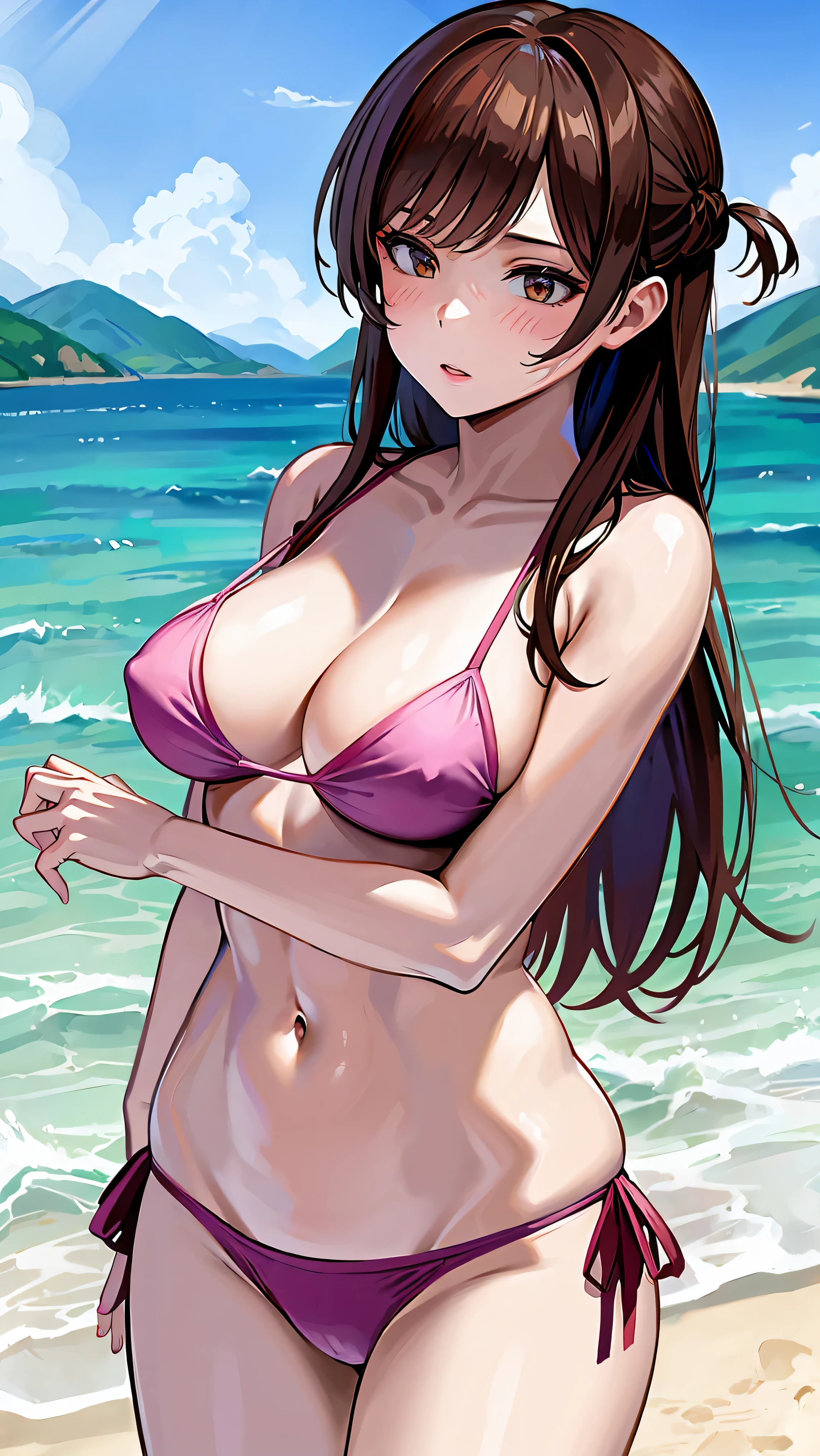 masterpiece, best quality, highres, chi1, 1girl, one_side_up, bikini, navel, pink bikini, collarbone, side-tie bikini bottom, large breasts, bangs, cleavage, cowboy shot, beach