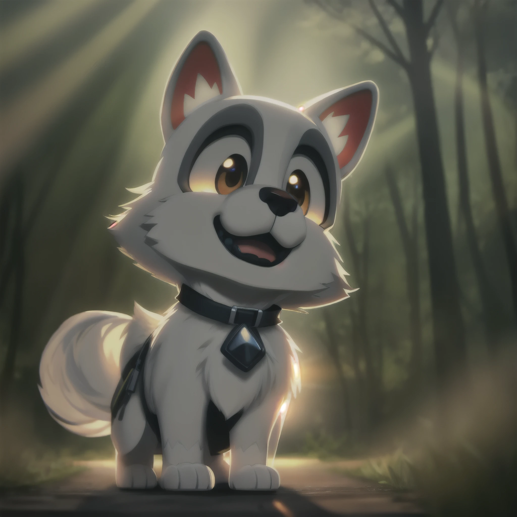 (best quality: 1.2), (masterpiece: 1.2), (realistic: 1.2),  closeup photo, a very cute jumping puppy in the forest, soft volumetric lights, (looking at the viewer: 1.3), (backlit:1.3), (cinematic:1.2), intricate details, masterpiece