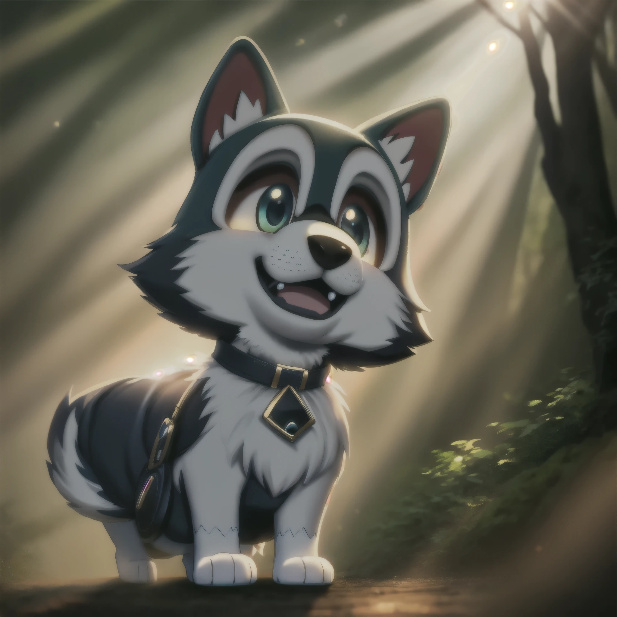 (best quality: 1.2), (masterpiece: 1.2), (realistic: 1.2),  closeup photo, a very cute jumping puppy in the forest, soft volumetric lights, (looking at the viewer: 1.3), (backlit:1.3), (cinematic:1.2), intricate details, masterpiece