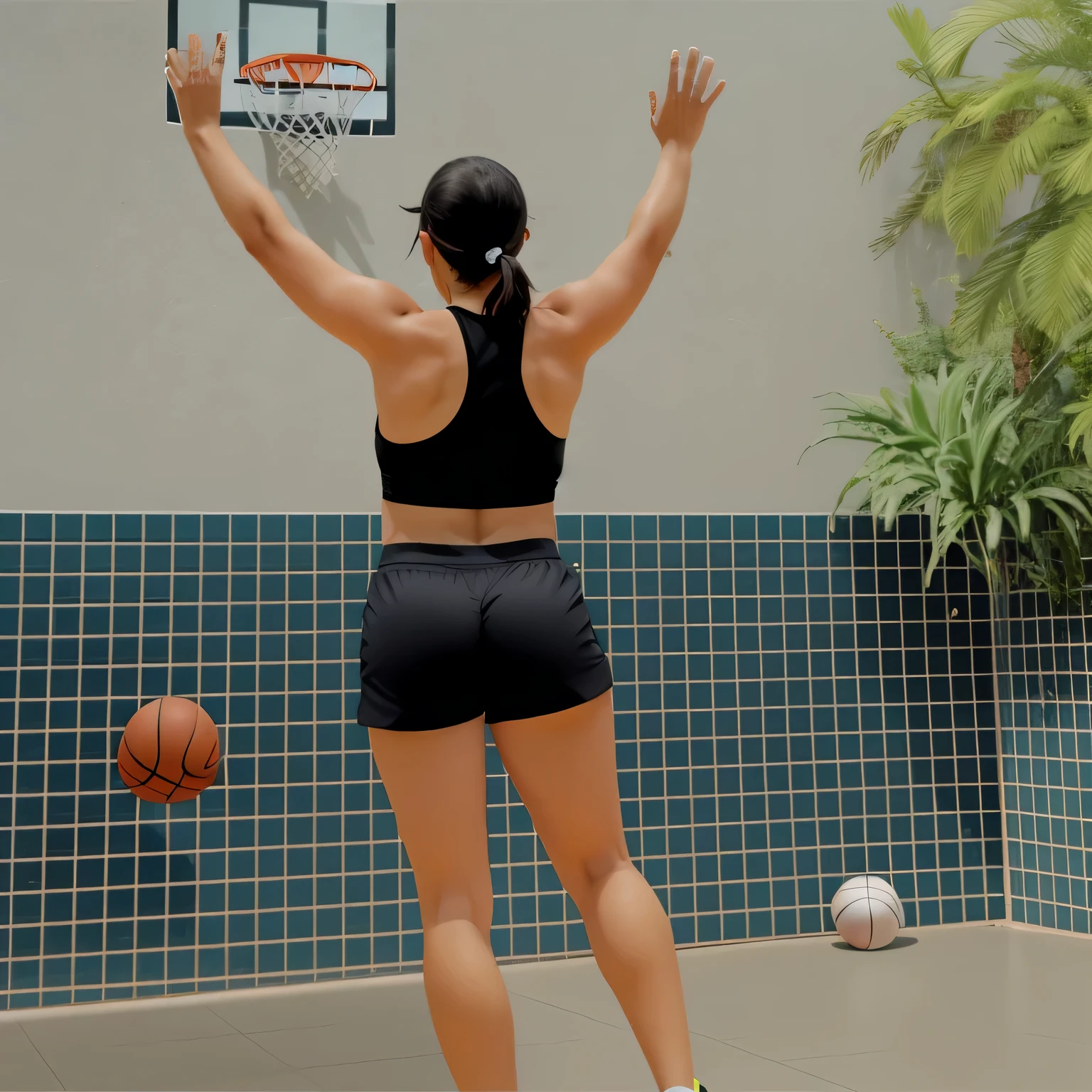 mulher de short preto e blusa preta jogando basquete, shot from behind, long distance shot from behind, Dunk, chute de perna e quadril, chute traseiro centrado no corpo inteiro, chute de quadril e perna, long distance shot from behind, costas arqueadas, Kick back, sports bra and black shorts, regata e short preto justo, back and standing.  apta. foto de corpo inteiro, foto clara, alta qualidade, high resolution, obra de arte, 8k. blusa preta justa e shorts