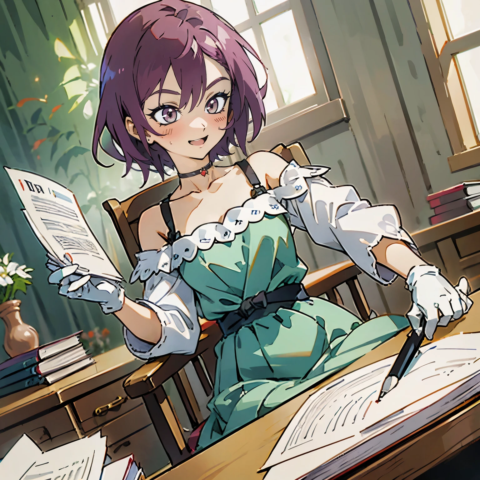 kisho, jigokuraku, masutepiece, Best Quality, Ultra-detailed, 1 girl, reddish purple hair, underwear,  dress, lace dress, blue camisole, white sweater, half-sleeves, off-shoulder sleeves, Metamorphosis is exposed, Bedroom, bed, desk, paper, book, pen, quill on the desk, holding a pen in the right hand of white gloves, sitting on a chair