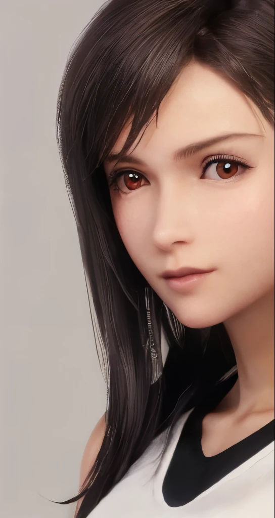 (masterpiece、highest quality、photorealistic、High resolution、photograph、:1.3)、Very close up、sharp focus、30 year old mature woman、small face、no makeup、hot models、Highly detailed eyes and pupils、realな肌、slim body shape、short cut hair、dark brown hair、delicate and sexy face、sensual gaze、glossy lips、(He is wearing a white collared shirt with the top button undone.)、small breasts、bust B cup、No bra、pendant wear、((real、超real、real、realなディテール))、cool beauty、sexy style、gray background