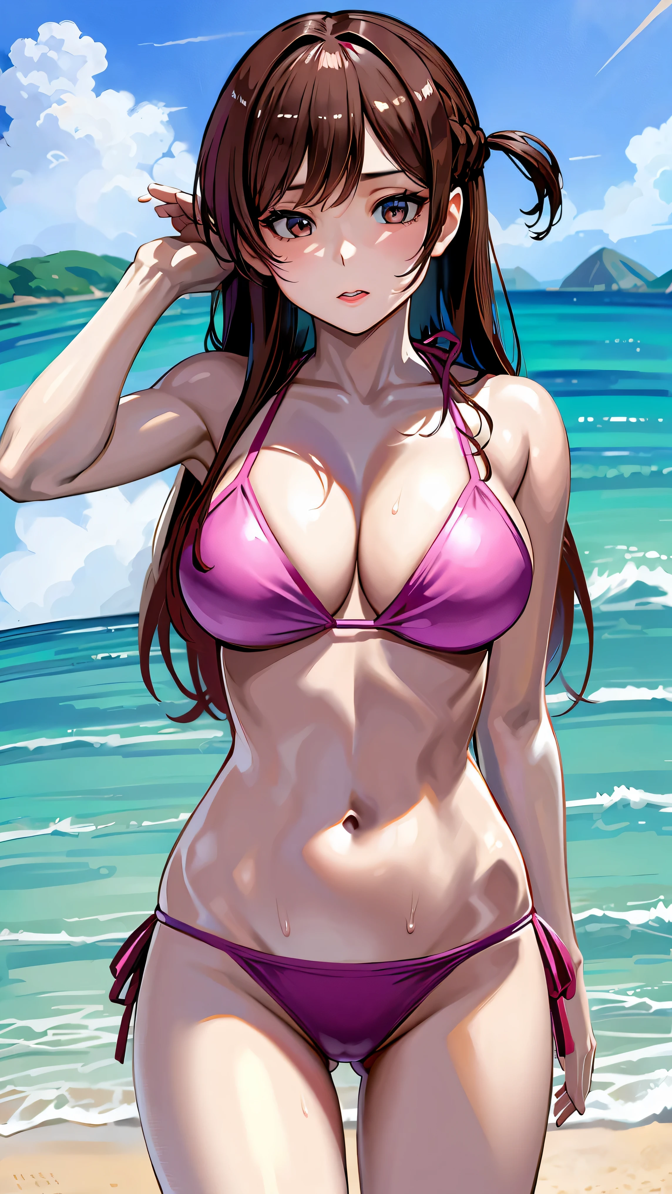 masterpiece, best quality, highres, chi1, 1girl, one_side_up, bikini, navel, pink bikini, collarbone, side-tie bikini bottom, large breasts, bangs, cleavage, cowboy shot, beach