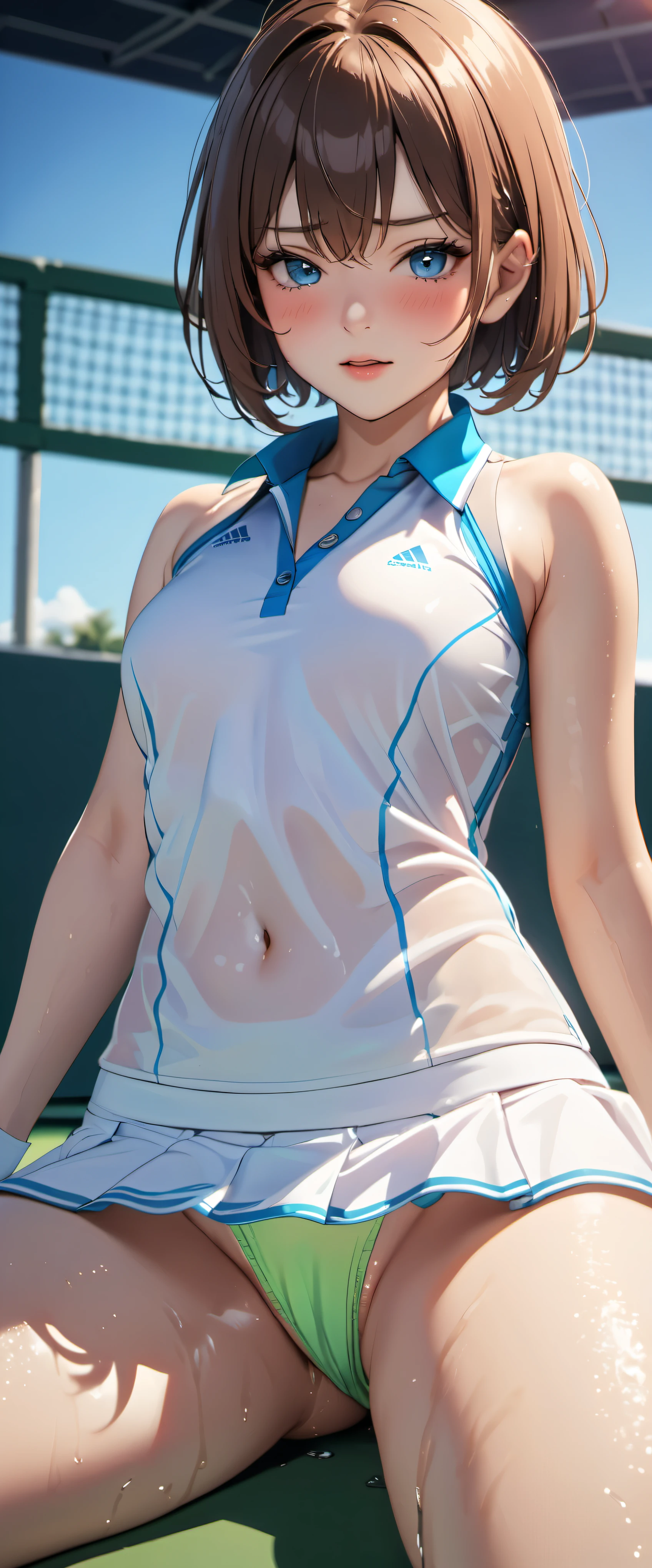 woman,25 years old,brown hair,tennis uniform,short hair,blue eyes,Mansuji, ,,I can see your underwear,Full body Esbian, (close shot, highest quality, High resolution, 4k, detailed lighting, shader, NSFW), embarrassed look ( blush:1.2)sit on top,spread your legs wide,(((white liquid on thighs)))(wet state)
