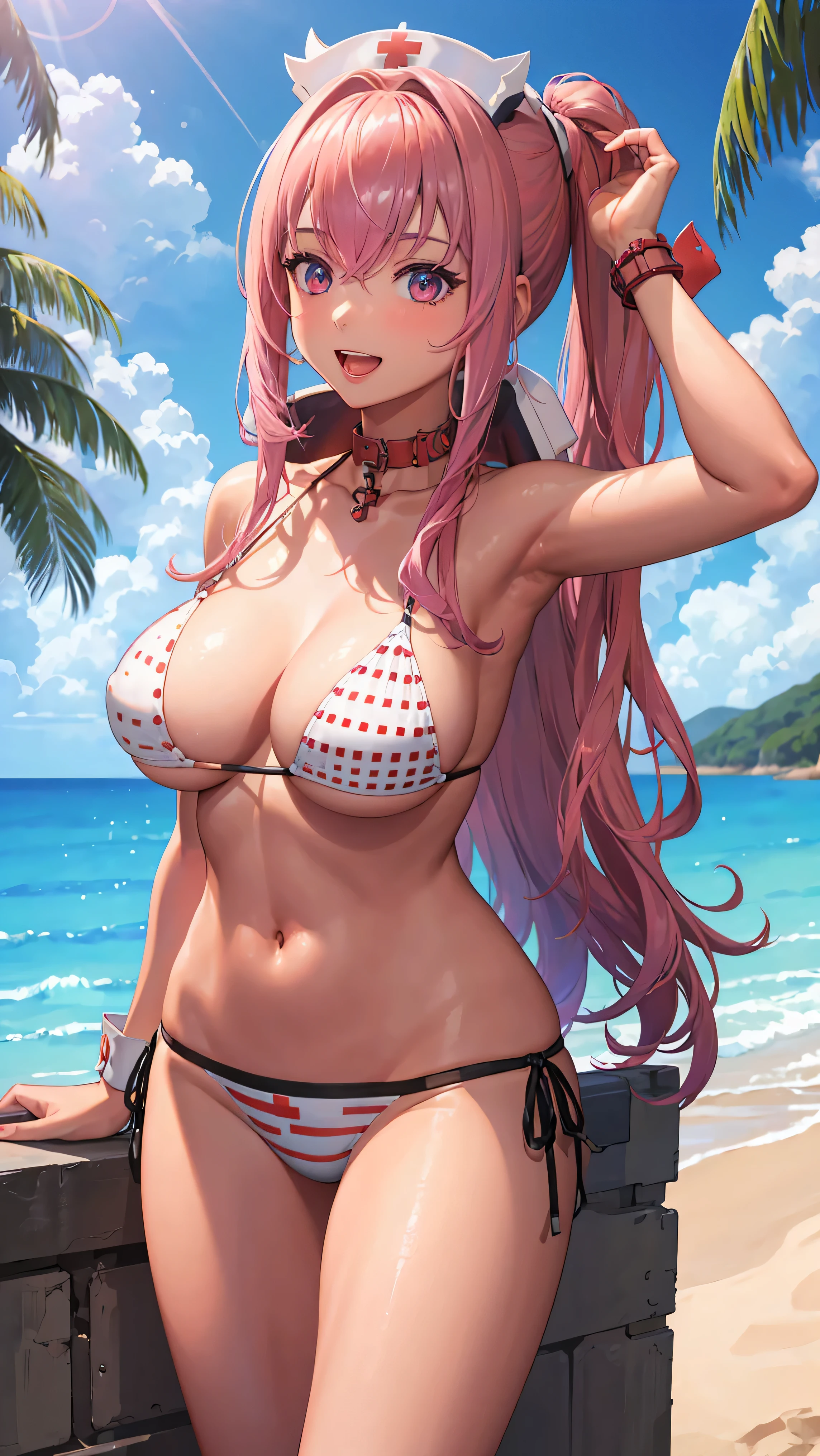 best quality, masterpiece, 1girl, pepperswim, standing, :d, wrist cuffs, asymmetrical bikini, red cross,