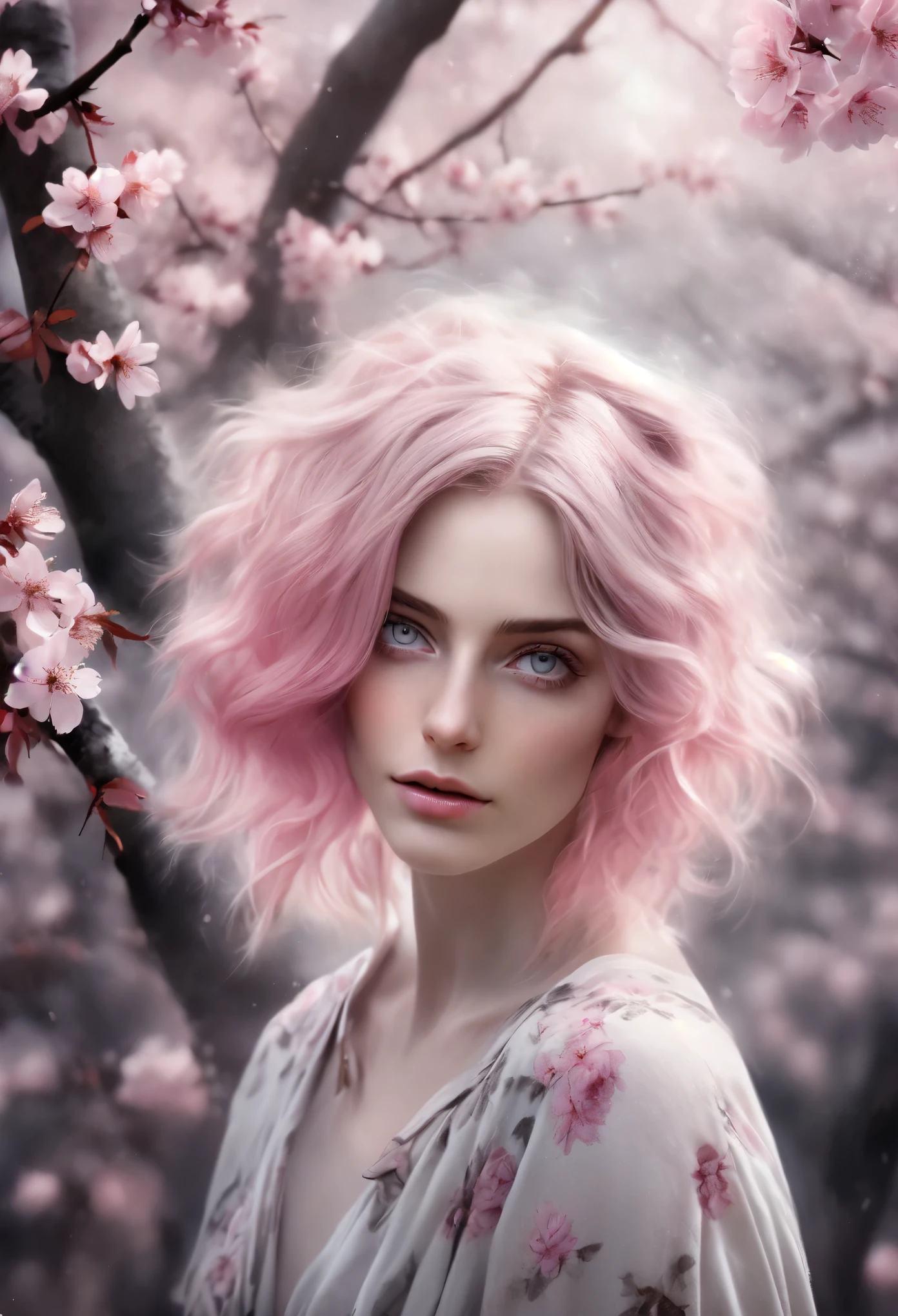 (Realistic:1.4), analog photo style, depth of field, full length photo of cute woman with dusty pink hair in a cherry blossom woods, on black canvas, ominous landscapes, light grey and pink, energy-filled illustrations, extremely sexy, detailed face and eyes, no makeup, little smiling, highly detailed, dark fantasy aura, faded colours.
