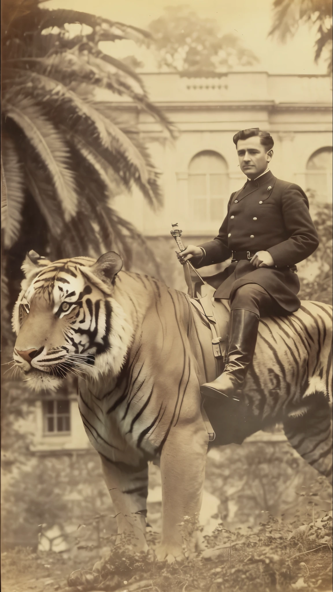 A man in military uniform sits atop a tiger, which is standing in front of a building.