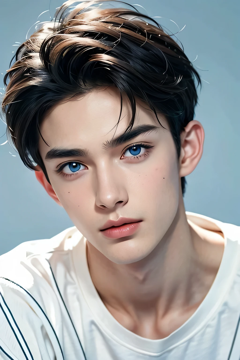 A very handsome boy, tall, slim, gorgeous, beautiful, sharp jawline, bangs, black hair, adorable, fair skin, white T-shirt, photoshoot, soft blue eyes color, perfect, detail, real, unreal beauty, symmetrical, ultra quality