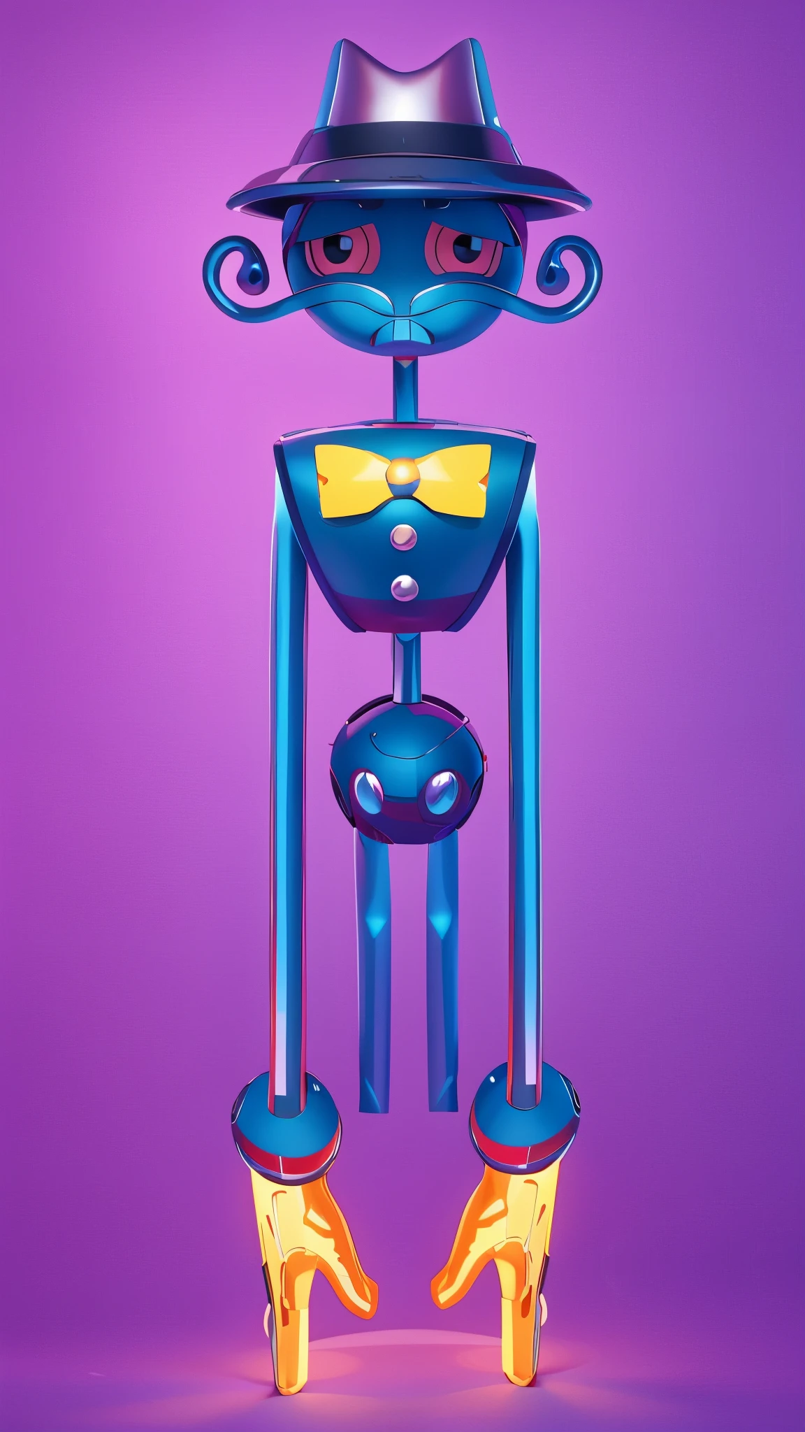 close-up of a toy plastic character wearing a hat and tie, daddy long legs poppy play time с дизайном персонажей, iconic character with high detail, Anthropomorphic character, 3rd character, 3D character, combined character, humanoid character, stylized character, cartoon key frame rendering, 2D rendering, Stylized 3D, animated character, anthropomorphic robot [ thing ] glossy metalic floor, glossy texture, smooth 3d model, multiple light sources, rim light, sharp post effects render, (glossy metallic texture with multiple big light probe refractions), perfect cgi, cgi art created only with gradients, smooth silhouette, high intensity refraction, (super glossy chrome material), most beautiful vfx, blue background, chrome metal refractions
