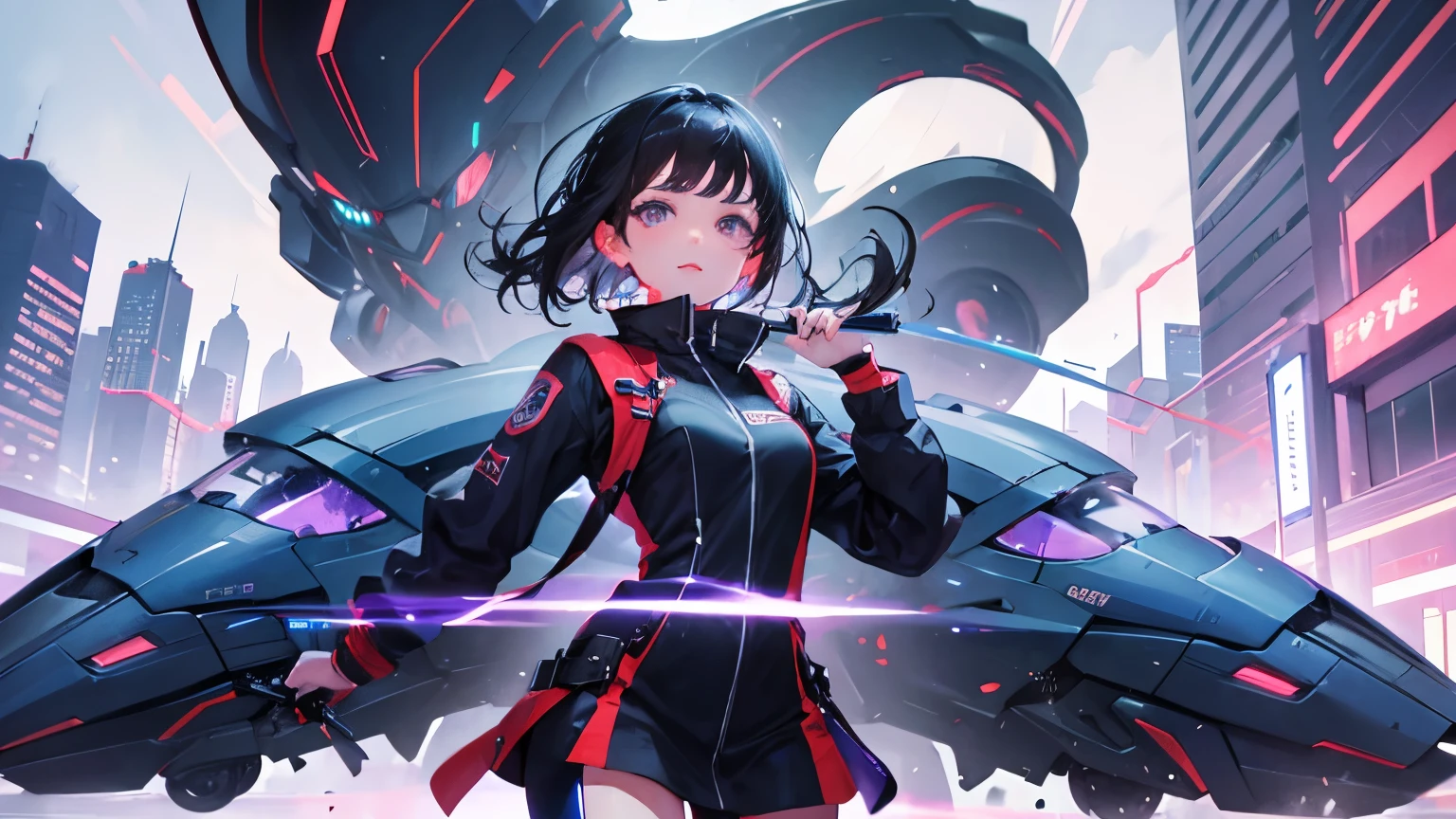 Mechanical、(((Dynamic movement)))、black hair、dreamy girl、Futuristic cityscape