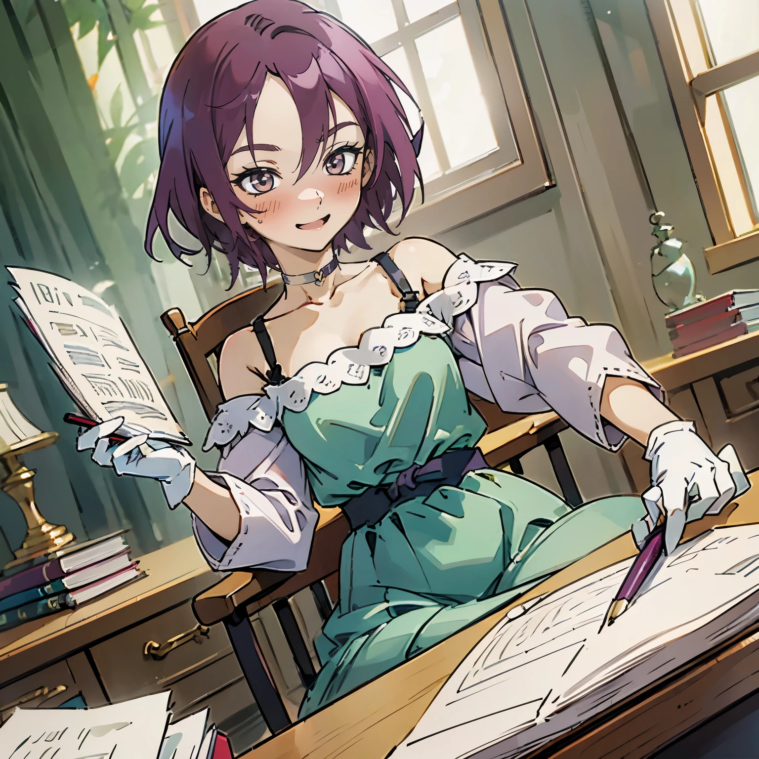 kisho, jigokuraku, masutepiece, Best Quality, Ultra-detailed, 1 girl, reddish purple hair, underwear,  dress, lace dress, blue camisole, wool sweater, half-sleeves, off-shoulder sleeves, Metamorphosis is exposed, Bedroom, bed, desk, paper, book, pen, quill on the desk, holding a pen in the right hand of white gloves, sitting on a chair