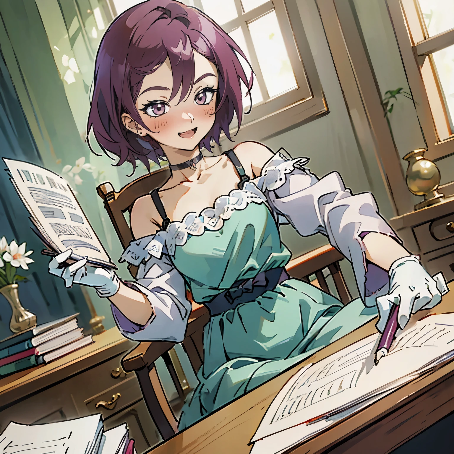 kisho, jigokuraku, masutepiece, Best Quality, Ultra-detailed, 1 girl, reddish purple hair, underwear,  dress, lace dress, blue camisole, wool sweater, half-sleeves, off-shoulder sleeves, Metamorphosis is exposed, Bedroom, bed, desk, paper, book, pen, quill on the desk, holding a pen in the right hand of white gloves, sitting on a chair