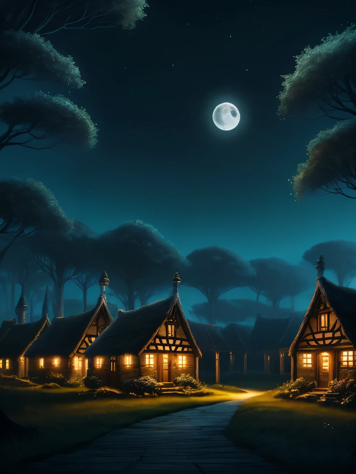 beautiful enchanted fantasy surrealism, moonlit night in a beautiful ethereal fantasy village, moon goddess abstract vibes, villagescape, phone wallpaper, magical fantasy world
