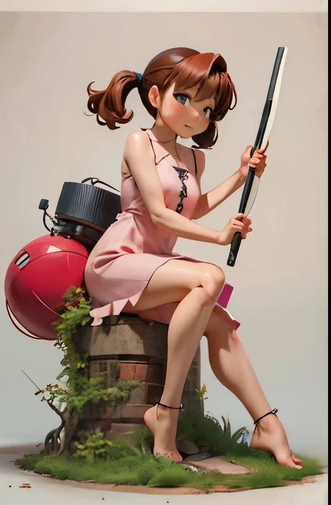 A Female robot is sleeping in forest, spread legs, nude, banzai pose. she wears no dress. She Brown short hair is tied with two big red clothespins, She lifts up the under hem of her white plain dress, leaning over, masterpiece, very short pigtails,brown hair, mature, android, blue eyes, full body figure, Height: 160cm, flushed cheeks, 2020s anime picture, A beautiful robot with short brown hair in two short pigtails held up by two very large huge red clothespins, Uplifting, No NSFW, whole body, barefoot, archaic smile, getting orgasm, 25 years old, sweat bucket, in Obstetrics.