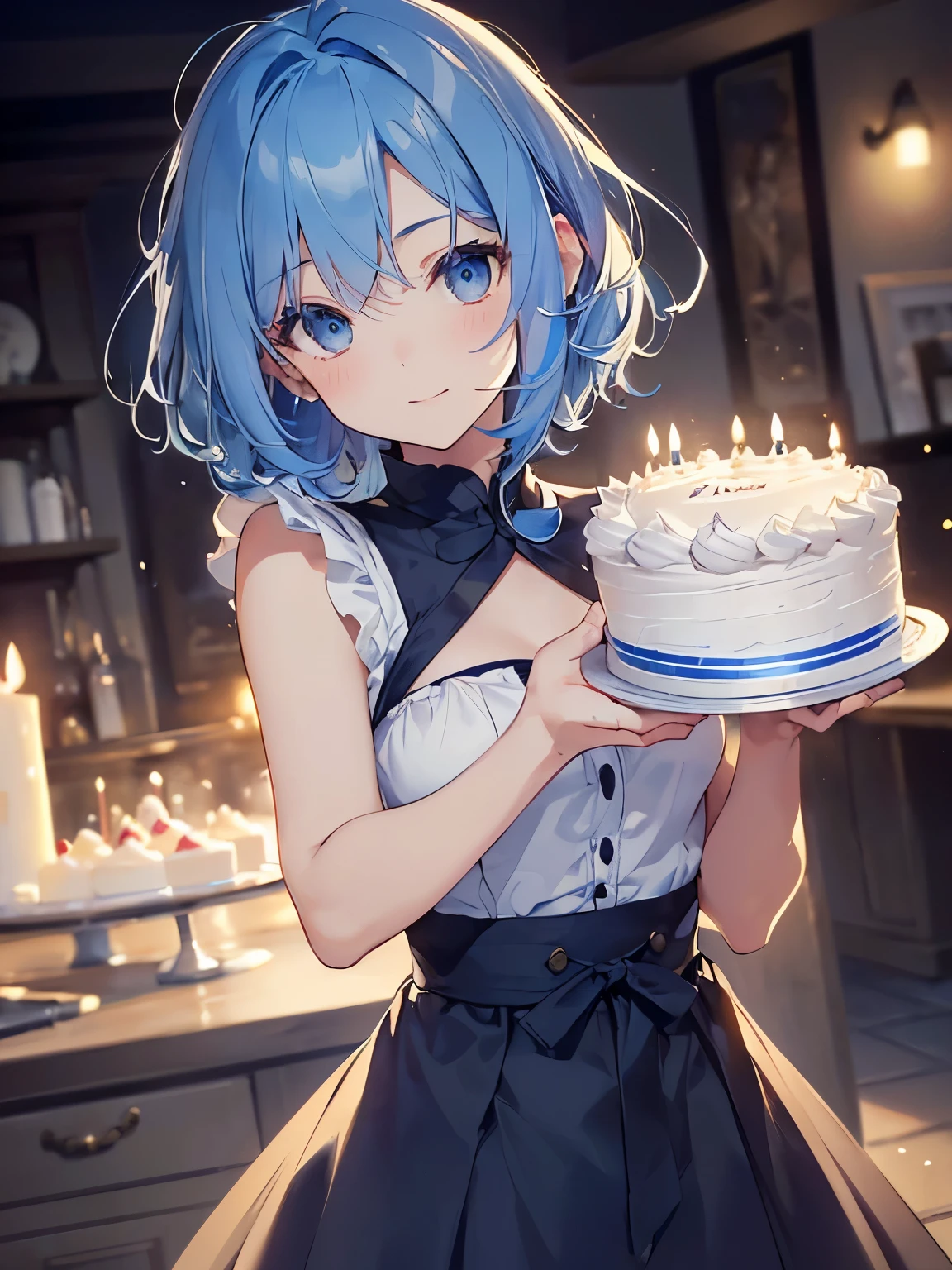 、((have a big birthday cake))、waitress、(1 girl),table top, highest quality, High resolution, masterpiece、Front facing、Close-up、Clerks in a cake shop(beautiful eyes、drawn in detail、face to detail、masterpiece side light、masterpiece、highest quality、detailed、High resolutionのイラスト),delicate makeup, (Close-up:1.2)、throw、soft focus ground bokeh、smile, break(Highest quality illustration:1.2), (pretty girl:1.1),(Highest quality illustration:1.2), (pretty girl:1.1), (1 girl:1.5, solo:1.5)、 (1 girl、18-year-old、one pose、Mature、Medium chest:1.5、super detailed eyes:1.2)、(beautiful breasts)、((blue hair:1.5))、(short hair)、(((short bob hair)))、thin waist、small ass、、超High resolution、detailed arm:1.2),break is very detailed, Complex, table top, absurd、 ((smooth texture:0.75, realistic texture:0.5, Anime CG style)),