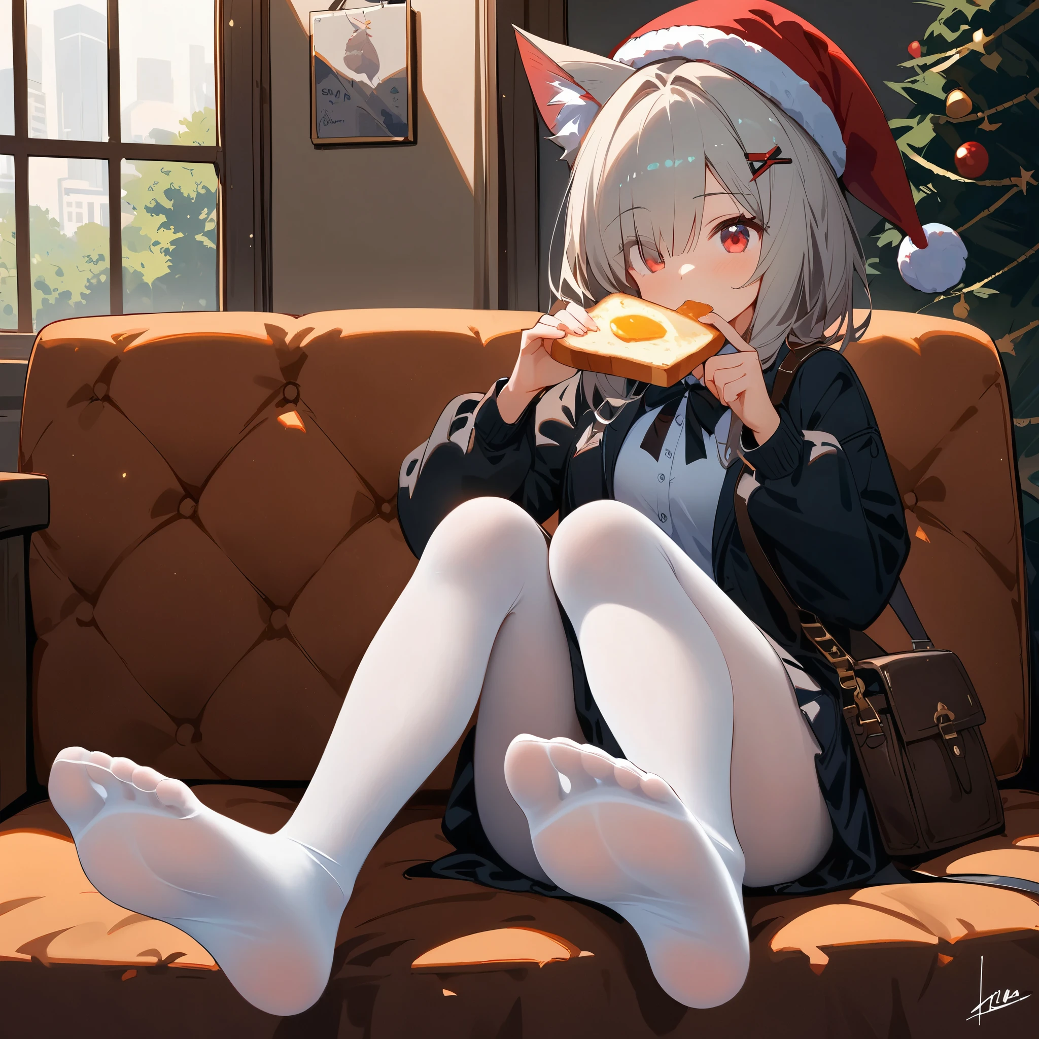 (masterpiece, best quality:1.2), 1girl, solo, animal_ears, no_shoes, animal_ear_fluff, red_headwear, holding_food, hair_over_one_eye, toast, feet, sitting, white_pantyhose, eyes_visible_through_hair, bangs, black_jacket, looking_at_viewer, soles, grey_hair, window, open_jacket, red_eyes, shoulder_bag, eating, hairclip, on_couch, full_body, black_skirt, black_bow, puffy_long_sleeves, toes, food_in_mouth, artist_name, signature, indoors, hair_bow, medium_hair, santa_hat