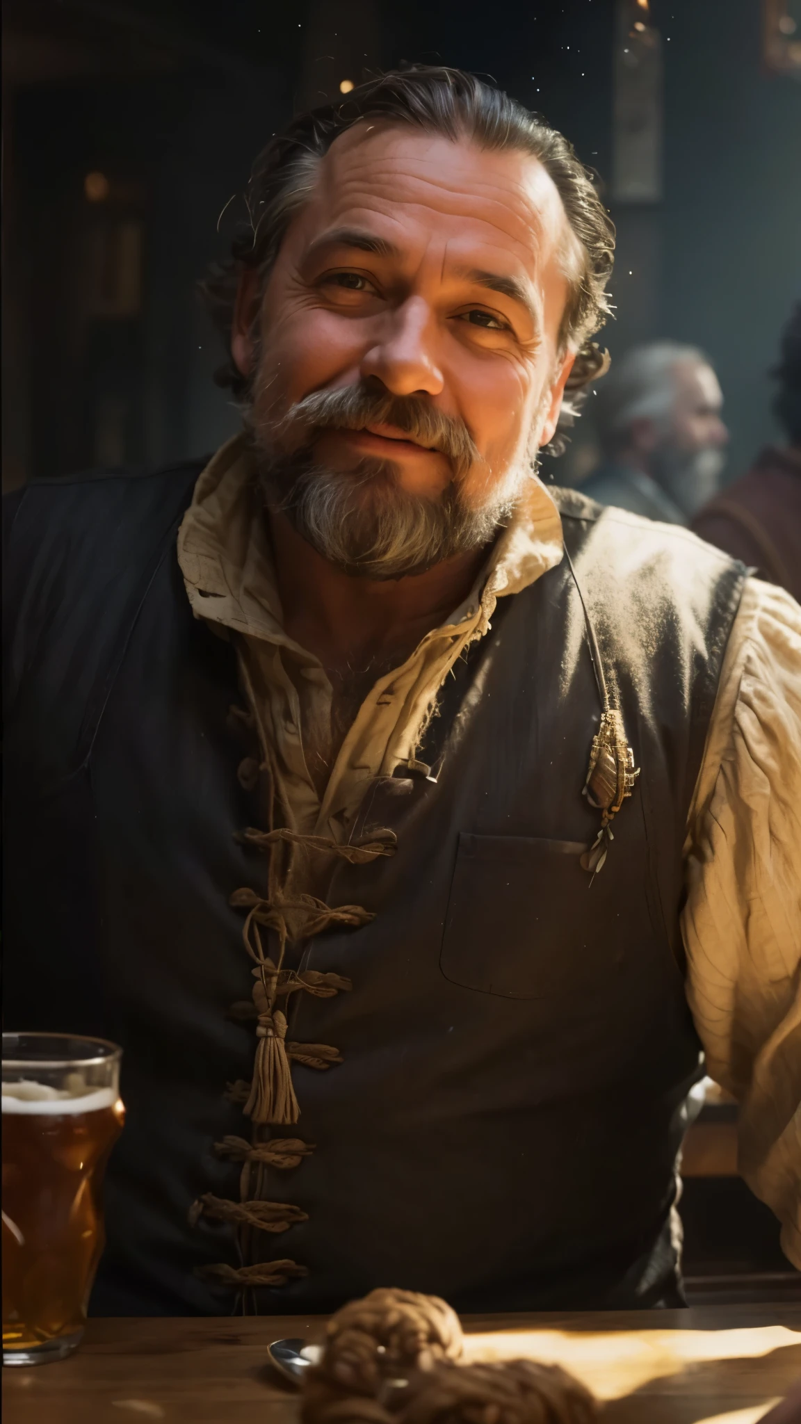 In this image, a man with a beard and mustache sits at a table with a glass of beer in front of him. He is wearing a brown vest and smiling. There are other people in the background, but they are not the main focus of the image. The scene has a warm and cozy atmosphere.