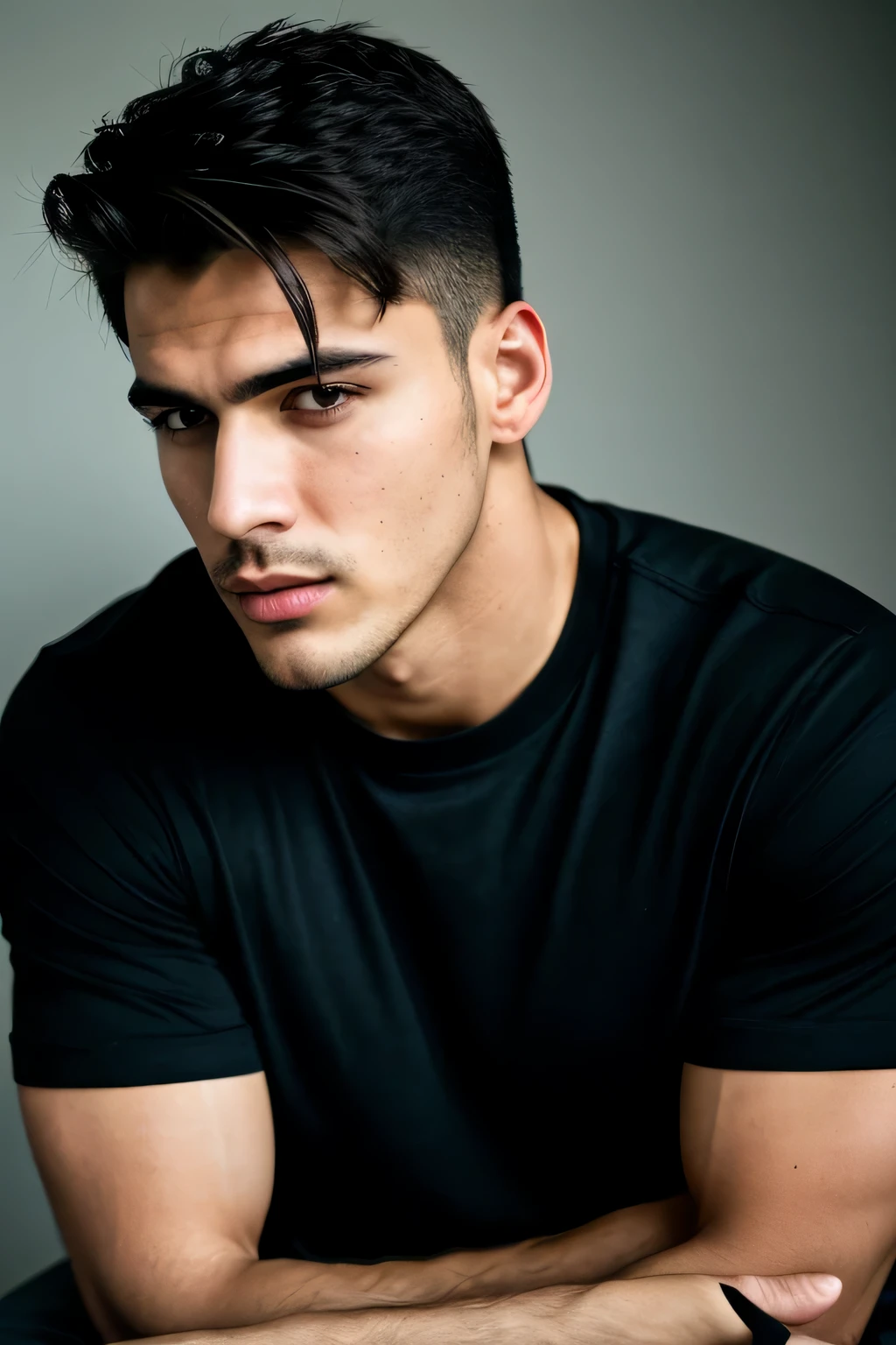 RAW photo, face portrait photo of super handsome 26 y.o male, serious cold face, sharp jawline, stubble, full lips, romance super handsome male character like, wearing black t-shirt, dominant, color image, unreal good looks, Latino, oval face, hard shadows, cinematic shot, dramatic lighting