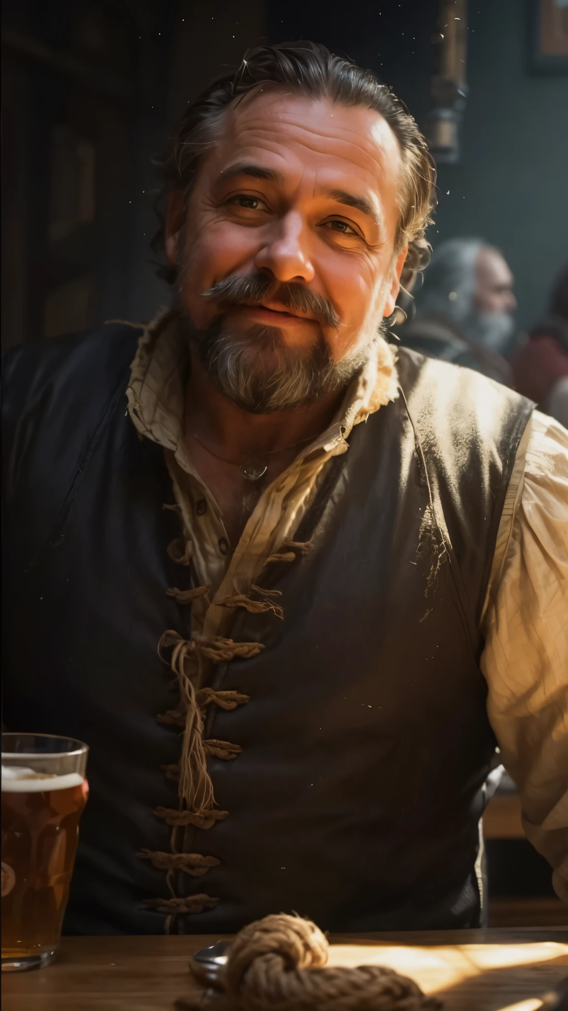 In this image, a man with a beard and mustache sits at a table with a glass of beer in front of him. He is wearing a brown vest and smiling. There are other people in the background, but they are not the main focus of the image. The scene has a warm and cozy atmosphere.