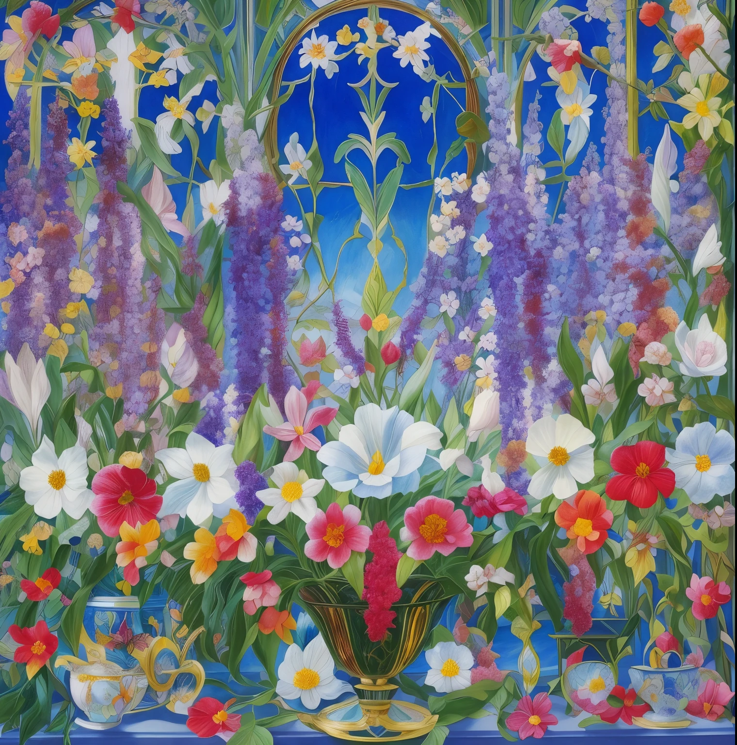 a painting of a painting of flowers in a window with a blue sky, by Joseph Stella, raqib shaw, inspired by Joseph Stella, by Marianne North, by Barbara Balmer, maximalist art nouveau, inspired by Marianne North, forest with flowers blue, inspired by John Anster Fitzgerald, wondrous, jane newland, photograph of enchanted garden