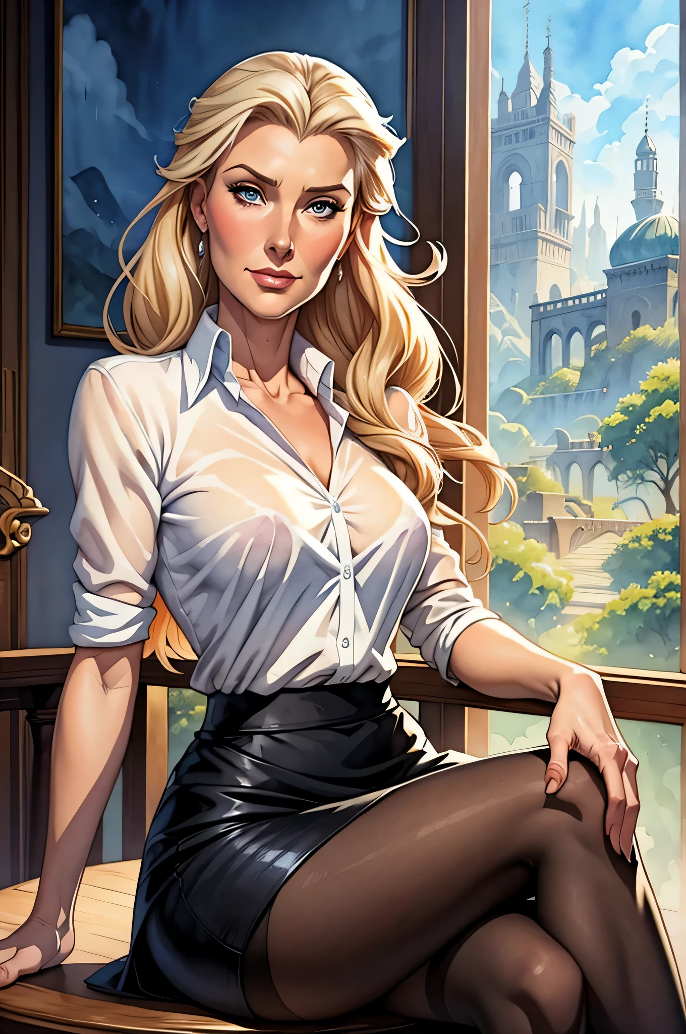 alison doody, alison doody as elsa schneider from indiana jones, wearing office skirt, black pantyhose, sitting on table with crossed legs, mature face, full-face blush, fantasy art, watercolor anime comic illustration, slapstick art style