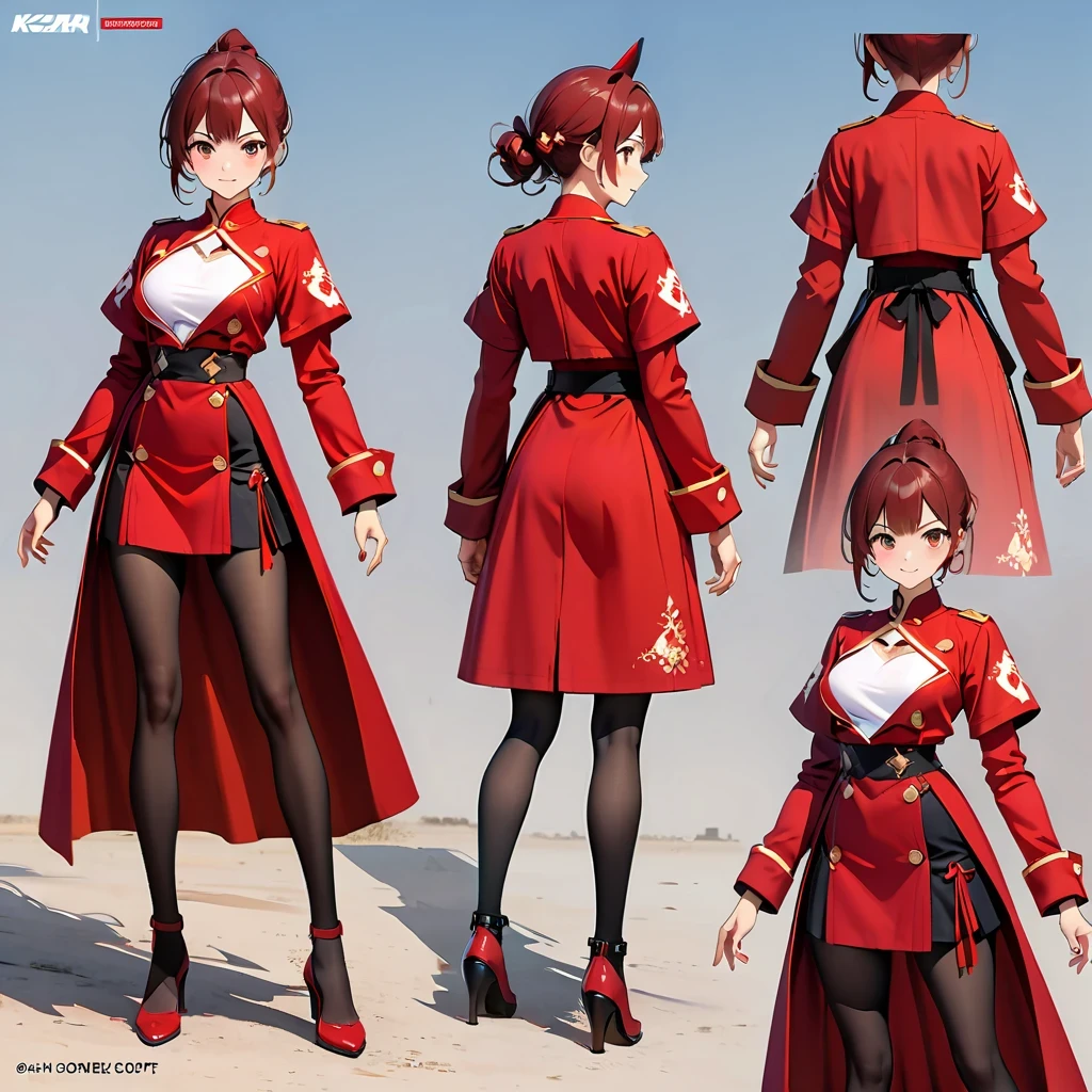 A woman wearing a red suit and black leggings, Poses in a dynamic way, Concept art reminiscent of Ross Tran，and features the main art style of Krenz Cushat，With hints of embryonic concept art. The artwork showcases high-detailed nuances, Especially the ones wearing red uniforms, Inspired by Krenz Cushat and Ross Tran，and incorporates the style of Wojtek Fus. the work captures the essence of conceptual art in high detail, Cast vibrant colors and showcase dynamic poses