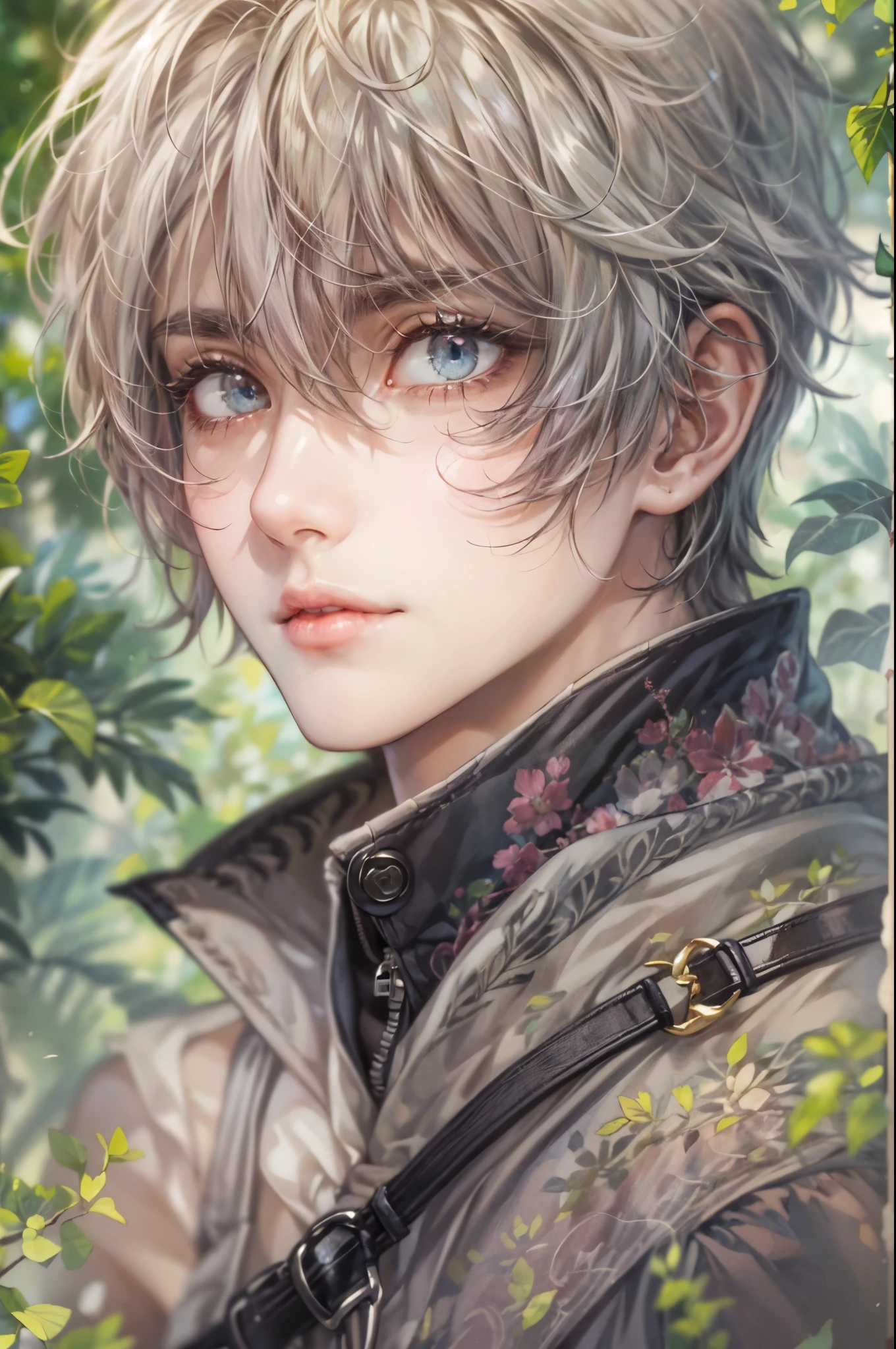 ((Best quality)), ((masterpiece)), (detailed), ((perfect face)), ((halfbody)) a character from grimms fairy tales in male version, handsome boy with an anime eyes in a detailed scene base on the character in their own story