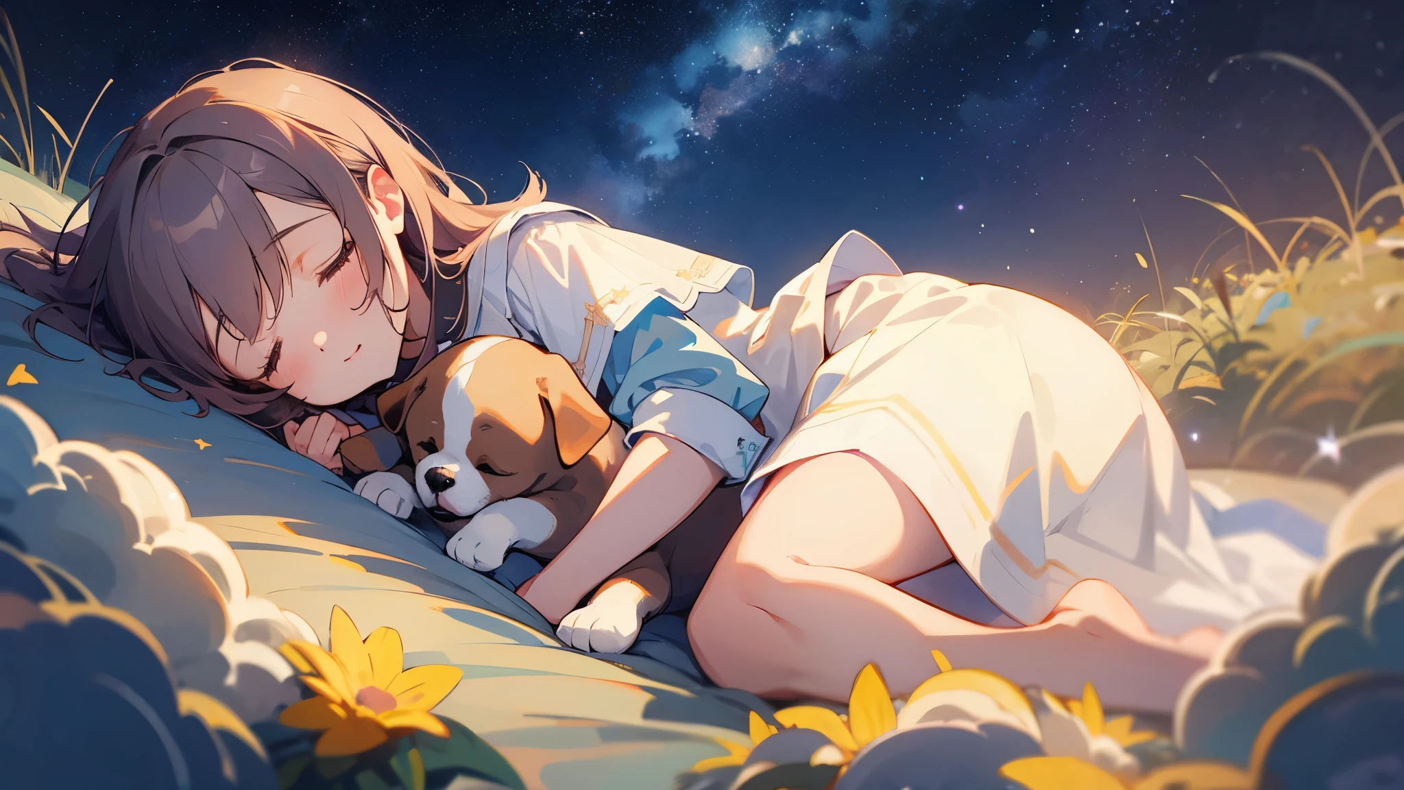 starry sky,puppy,Are sleeping,girl