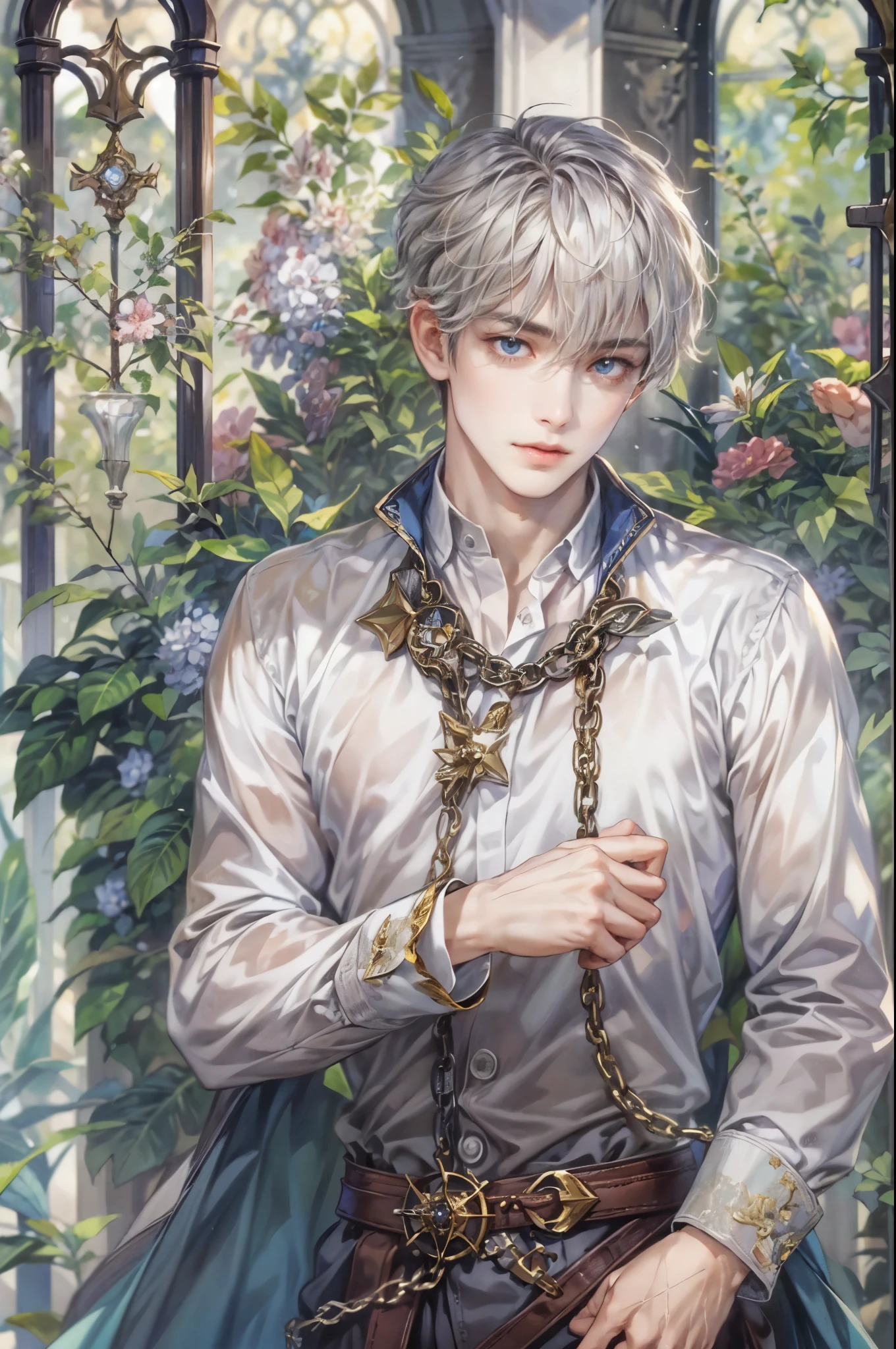 ((Best quality)), ((masterpiece)), (detailed), ((perfect face)), ((halfbody)) a character from grimms fairy tales in male version, handsome boy with an anime eyes in a detailed scene base on the character in their own story