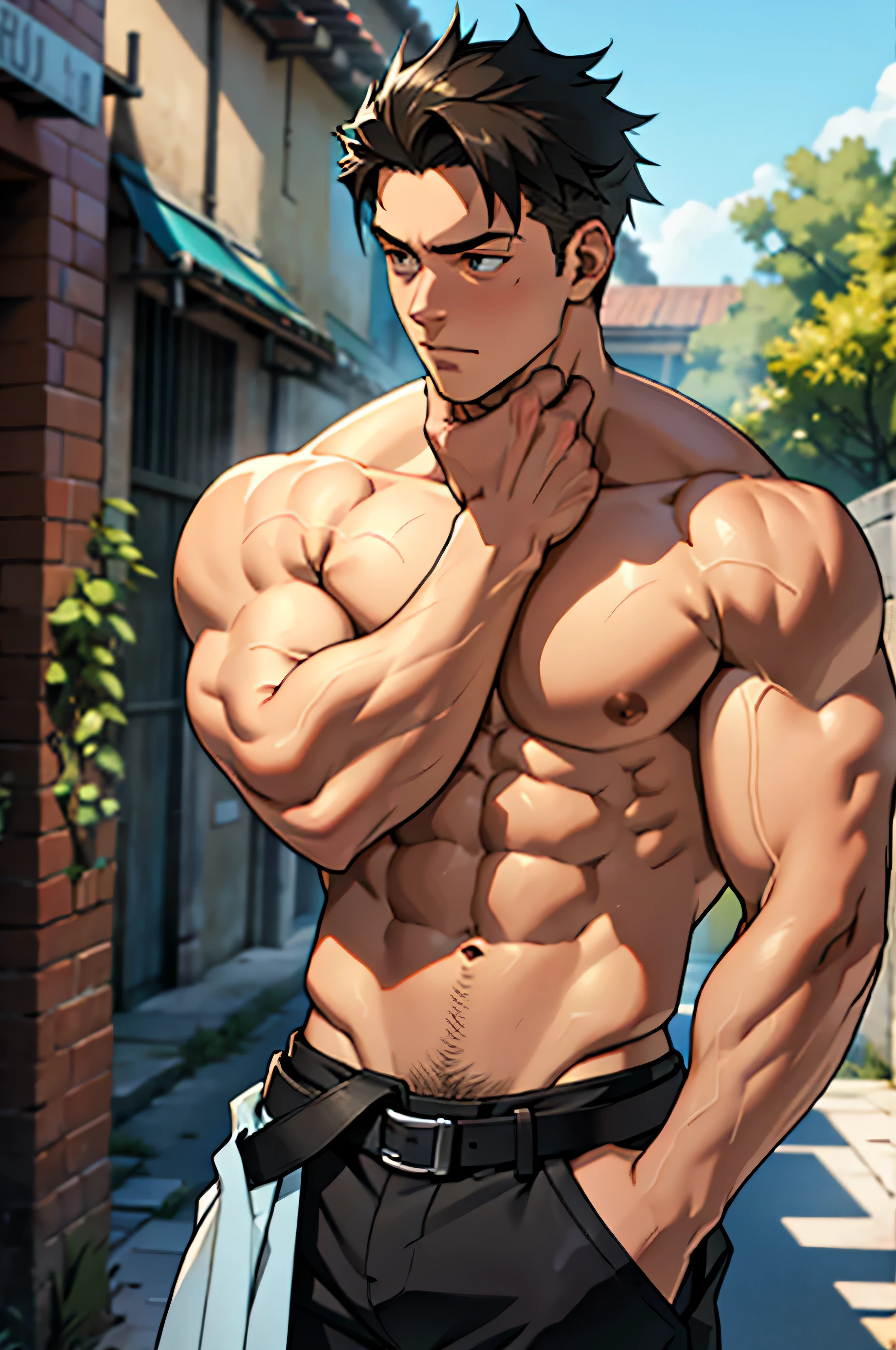 1boy age 18, young, anime, (muscular,wide shoulders, slim waist) body muscular shoulders, big pectoral, hunky, big arms, biceps, muscular, big pecs, shirtless, chained, tied, sweaty, (masterpiece, cg, 3d cg, detailed,) (handsome face:1.1) (detailed:1.5)