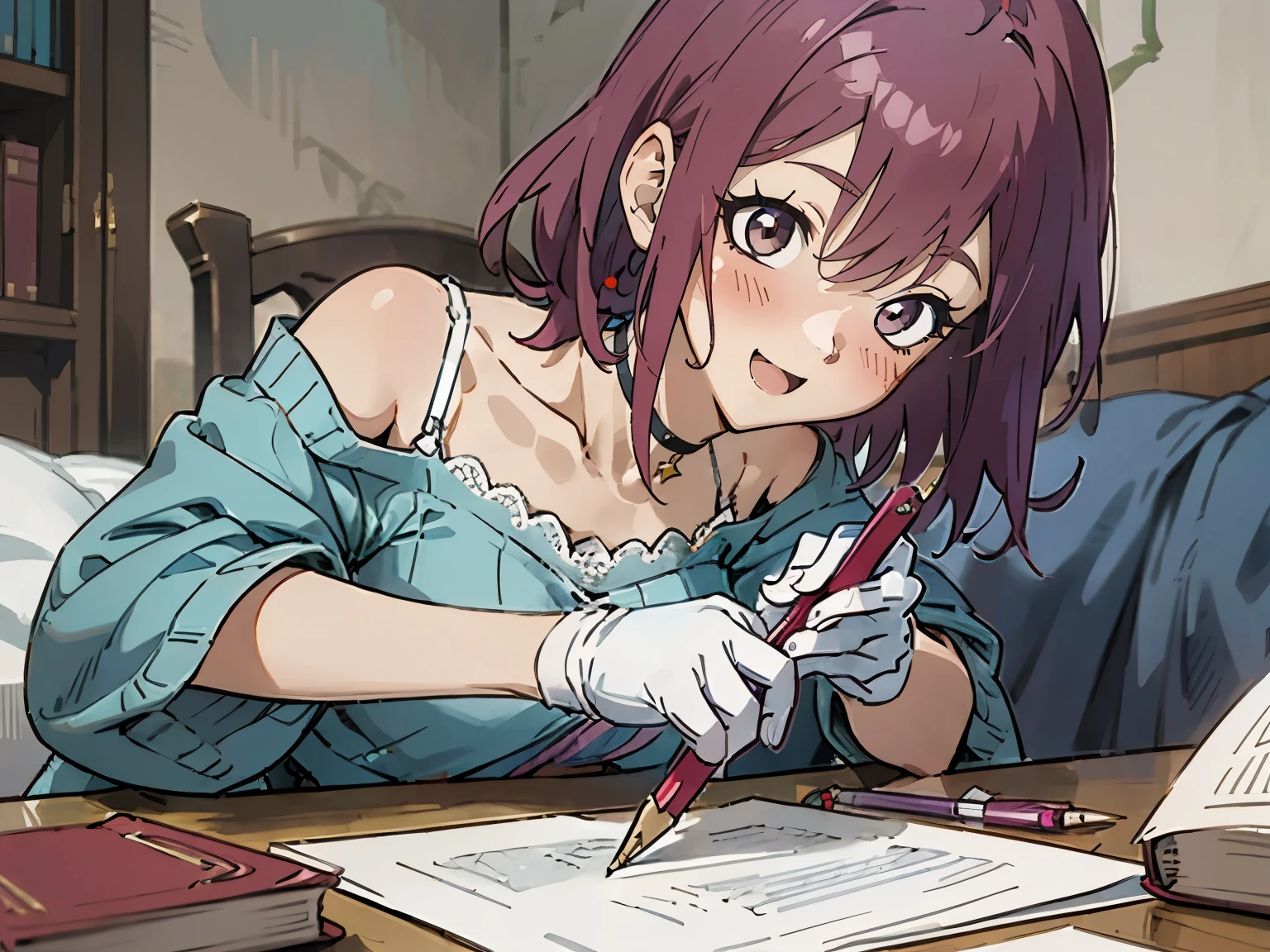 kisho, jigokuraku, masutepiece, Best Quality, Ultra-detailed, 1 girl, reddish purple hair, underwear,  dress, lace dress, blue camisole, wool sweater, half-sleeves, off-shoulder sleeves, Metamorphosis is exposed, Bedroom, bed, desk, paper, book, pen, quill on the desk, holding a pen in the right hand of white gloves, sitting on a chair