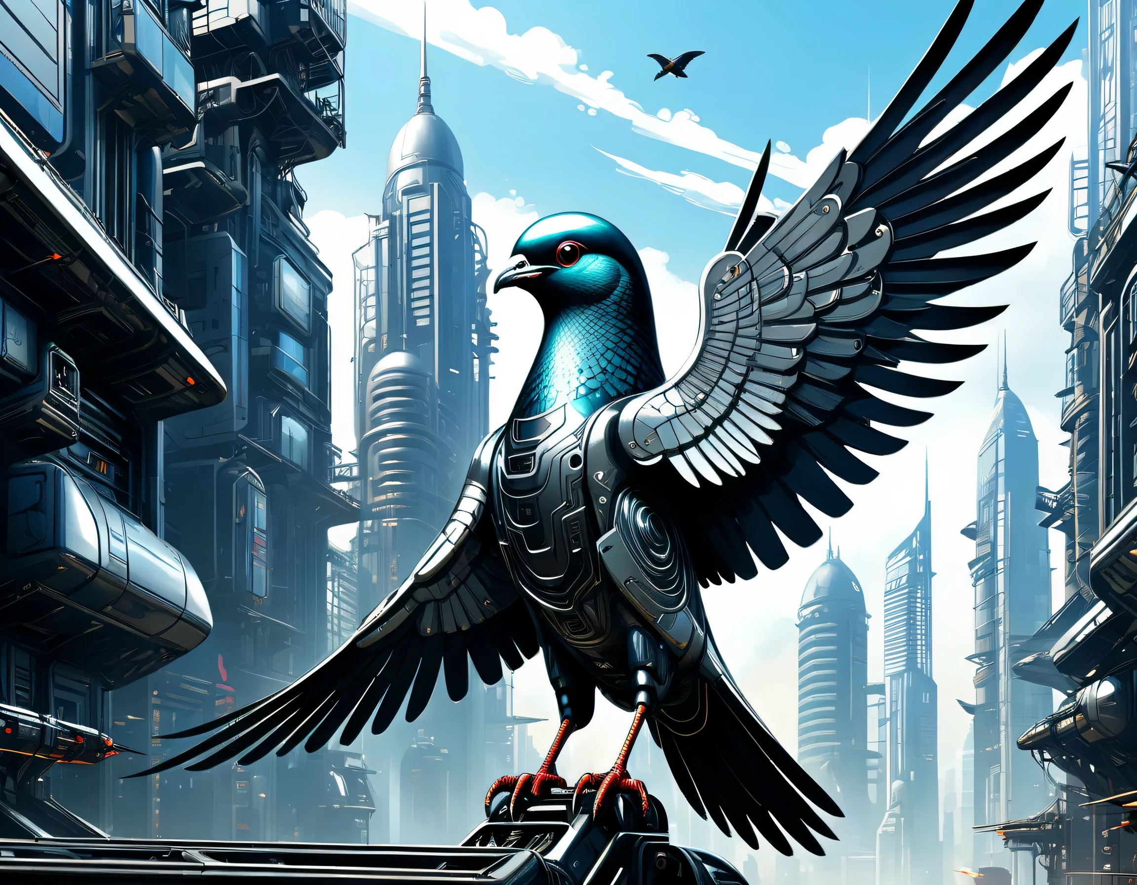 Flying metal mechanical pigeons,Futuristic metal pigeonechanical pigeons,Pigeons are made entirely of small metal parts,Detailed mechanical wing,Metal feathers,Precise and complex design,Ultra-fine texture,Shiny steel body,futuristic urban background,Beautiful sci-fi art, Science-fi digital art illustration, Digital cyberpunk art, science fiction digital painting, futuristic digital painting, futuristic concept art, in front of a sci fi cityscape, science fiction digital art, Advanced digital cyberpunk art, Fantastic cyberpunk pigeons