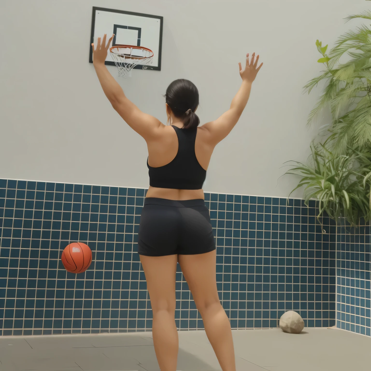 mulher de short preto e blusa preta jogando basquete, shot from behind, long distance shot from behind, Dunk, chute de perna e quadril, chute traseiro centrado no corpo inteiro, chute de quadril e perna, long distance shot from behind, costas arqueadas, Relaxar, sports bra and black shorts, regata e short preto justo, back and standing. adequado. foto de corpo inteiro, foto clara, alta qualidade, high resolution, obra de arte, 8k. blusa preta justa e shorts