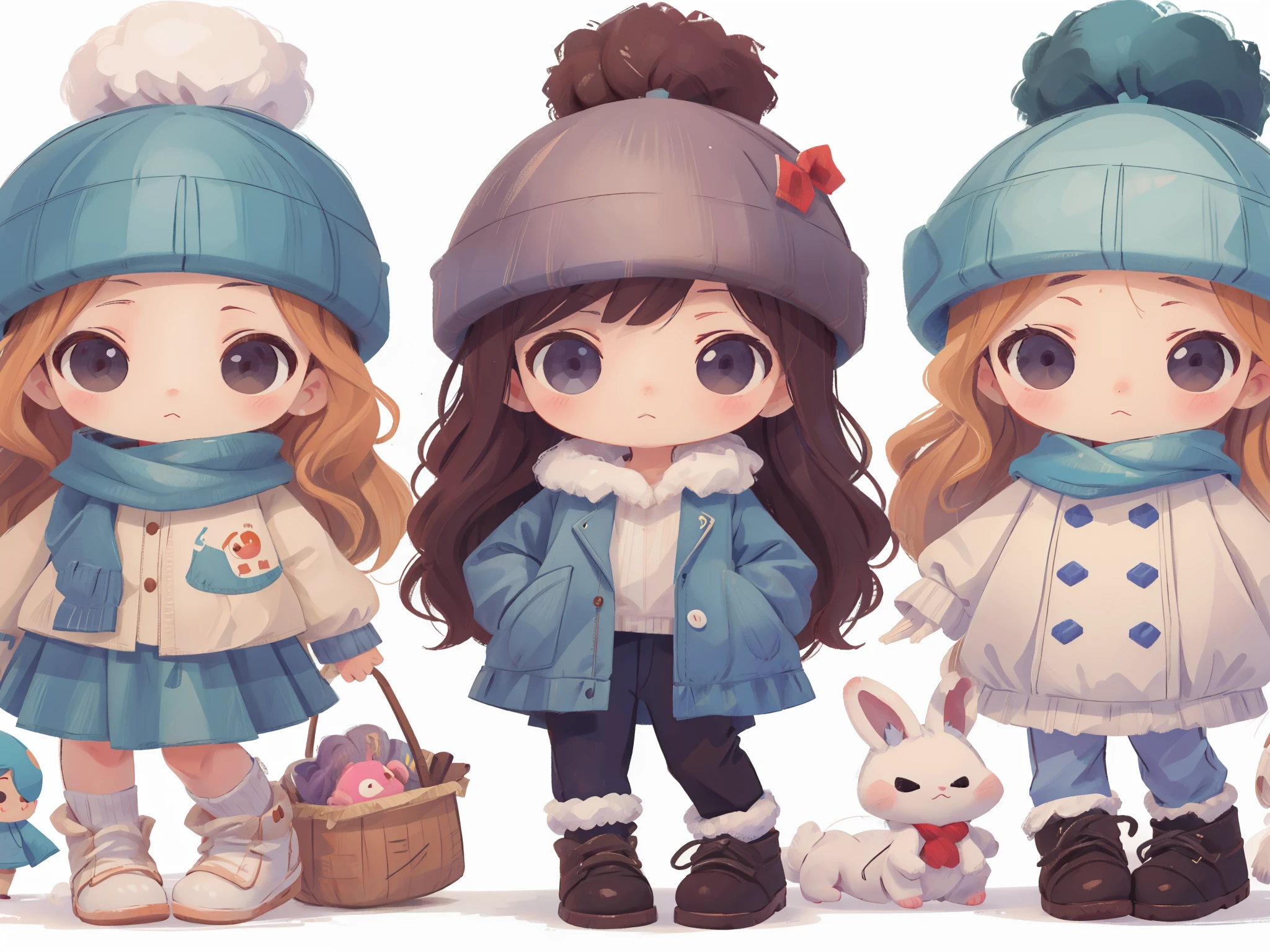 3 meninas fofas, roupas de inverno, super detalhado, pintura digital, fundo branco