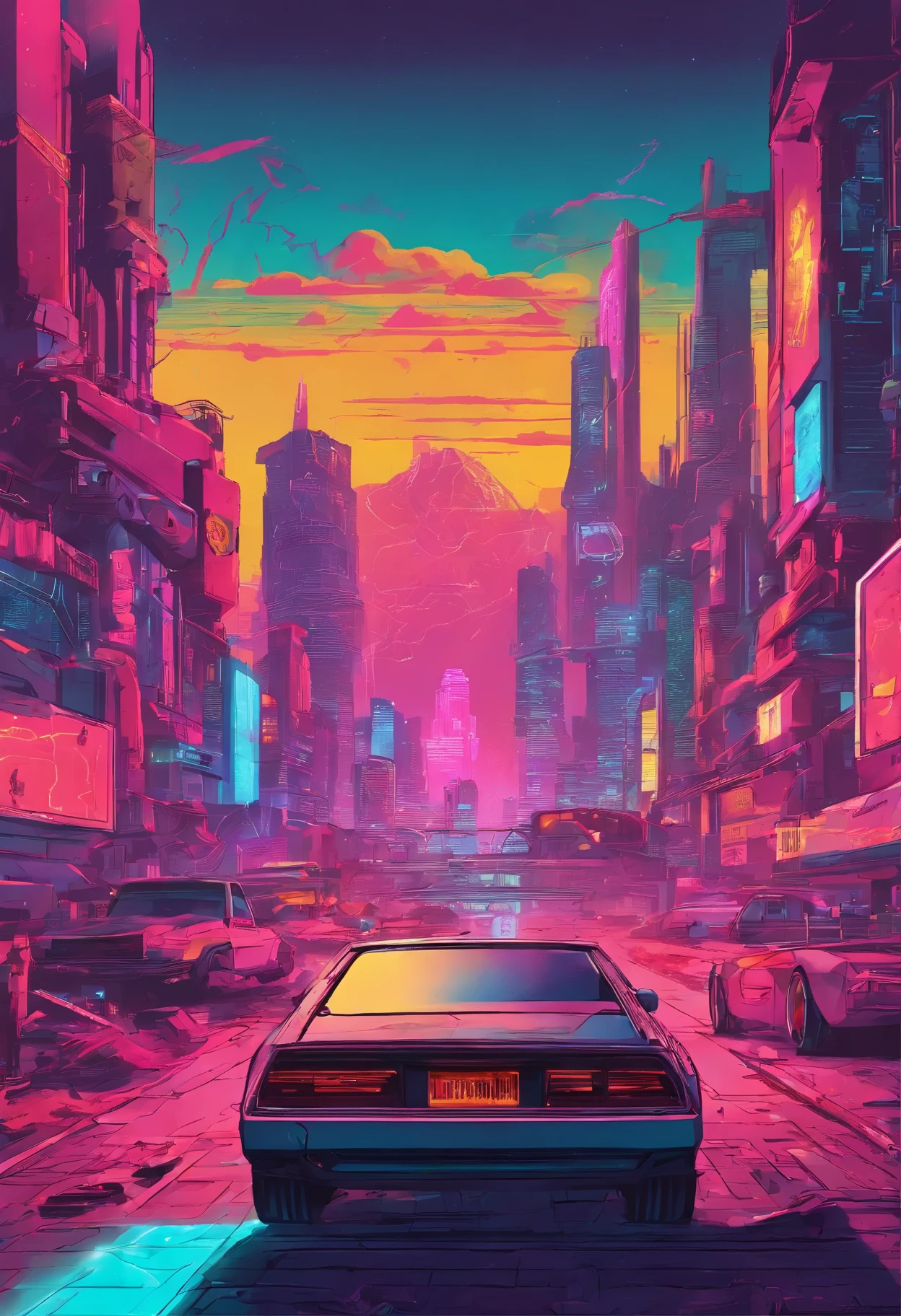 Embark on an electrifying journey into the world of 'Cyberpunk 2077' with this singular artwork, a minimalist two-tone interpretation. With flat shading and an absence of depth, it distills the essence of this cybernetic realm. Colors collide in a symphony of digital vibrancy, invoking the futuristic spirit of Night City. Immerse yourself in the neon allure of the cyberpunk genre in this captivating composition.