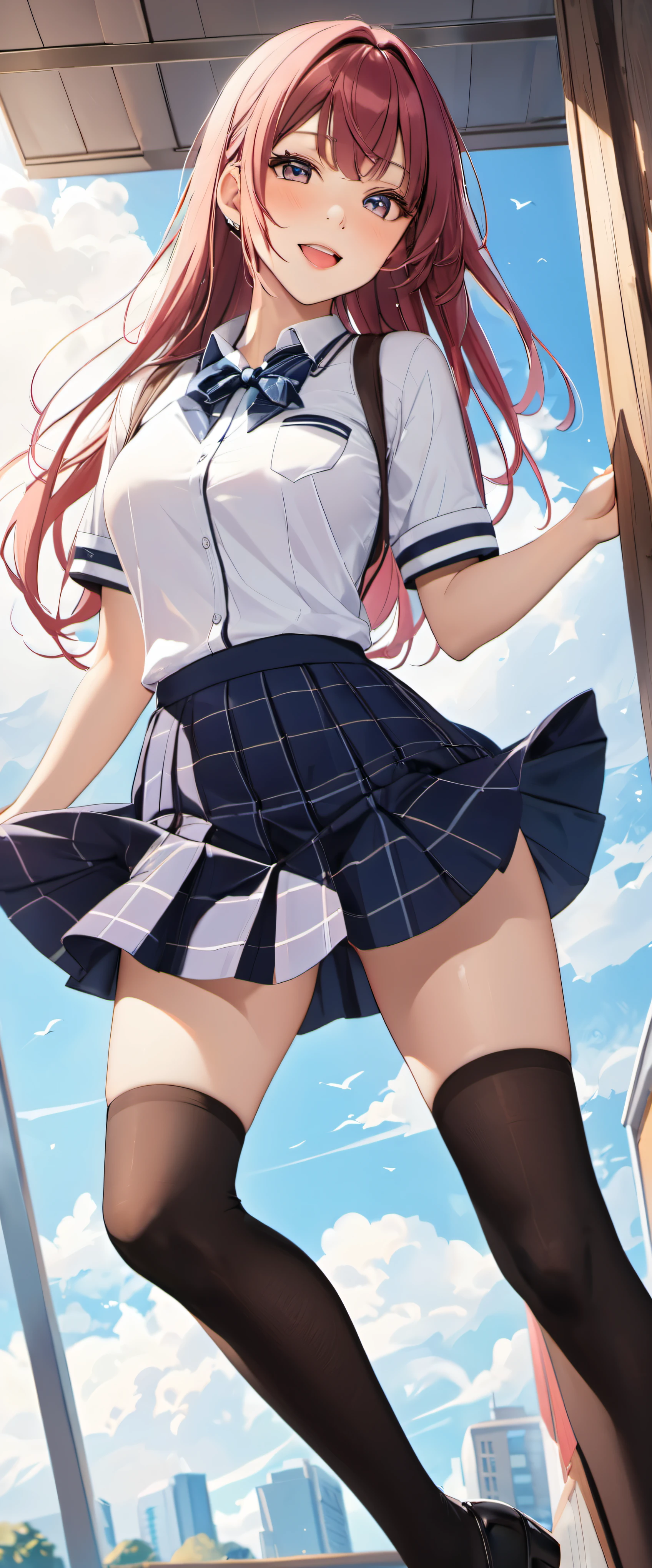 woman,20-year-old,School,noon,(((School uniform in skirt))),,open mouth smile((knee high socks))(big ass),(()),blush、surprised face,(((I can see your pants))),((((look back))))(cute underwear)