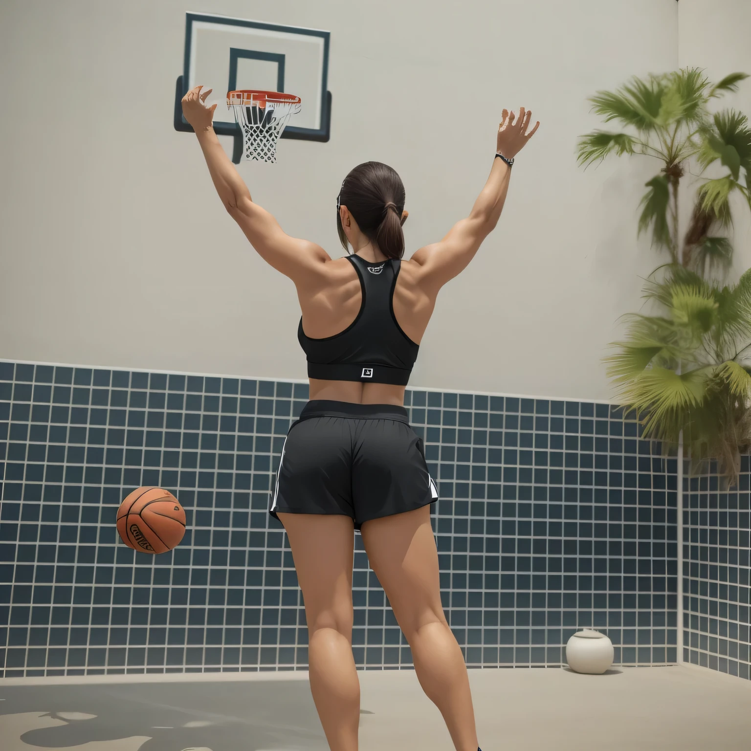 mulher de short preto e blusa preta jogando basquete, shot from behind, long distance shot from behind, Dunk, chute de perna e quadril, chute traseiro centrado no corpo inteiro, chute de quadril e perna, long distance shot from behind, costas arqueadas, Relaxar, sports bra and black shorts, regata e short preto justo, back and standing. adequado. foto de corpo inteiro, foto clara, alta qualidade, high resolution, obra de arte, 8k. blusa preta justa e shorts