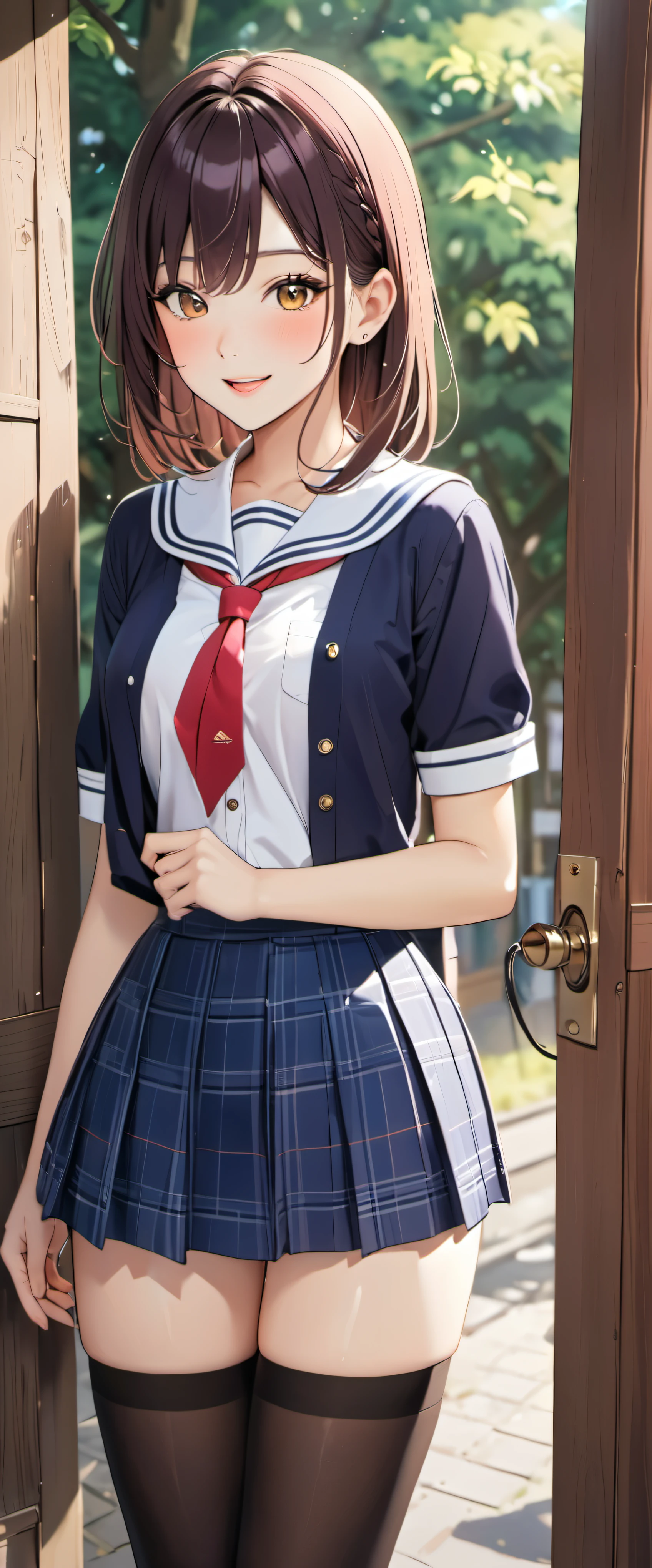 woman,20-year-old,School,noon,(((School uniform in skirt))),,open mouth smile((knee high socks))(big ass),(()),blush、surprised face,(((I can see your pants))),((((look back))))(cute underwear)