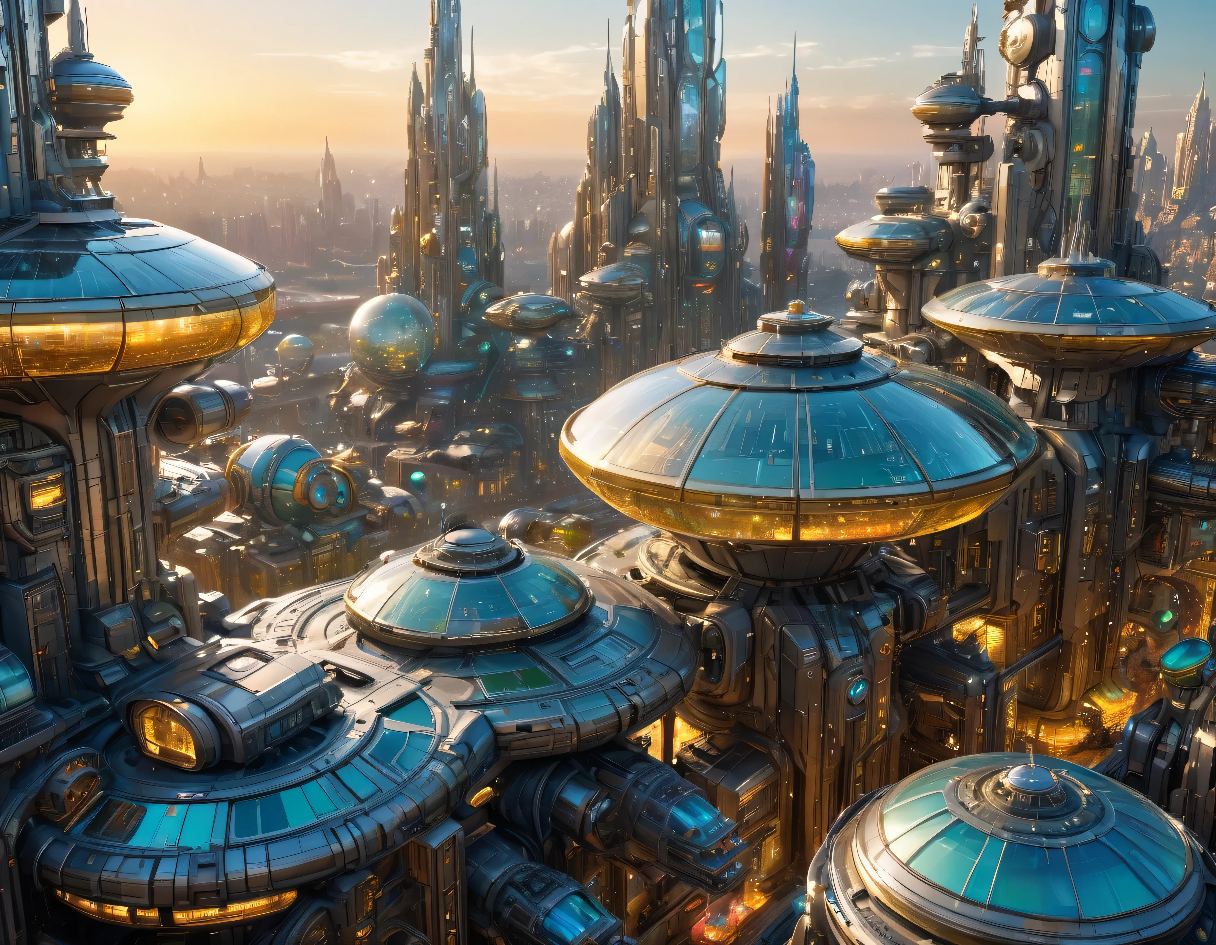 (golden hour lighting), megacity, megalopolis of an imaginary world of science fiction , parecido a una disneylandia futurista, and maximum fantasy, con inmensos edificios y rascacielos ovalados y dodecaedricos agrupados de metal y cristal donde predomina la plata y los anuncios luminosos de colores. imagen bien definida 8k, (intrincados detalles de la maquina), con muchos edificios juntos.(obra maestra de superior calidad).(imagen fotorrealista), nitidez absoluta hasta el fondo