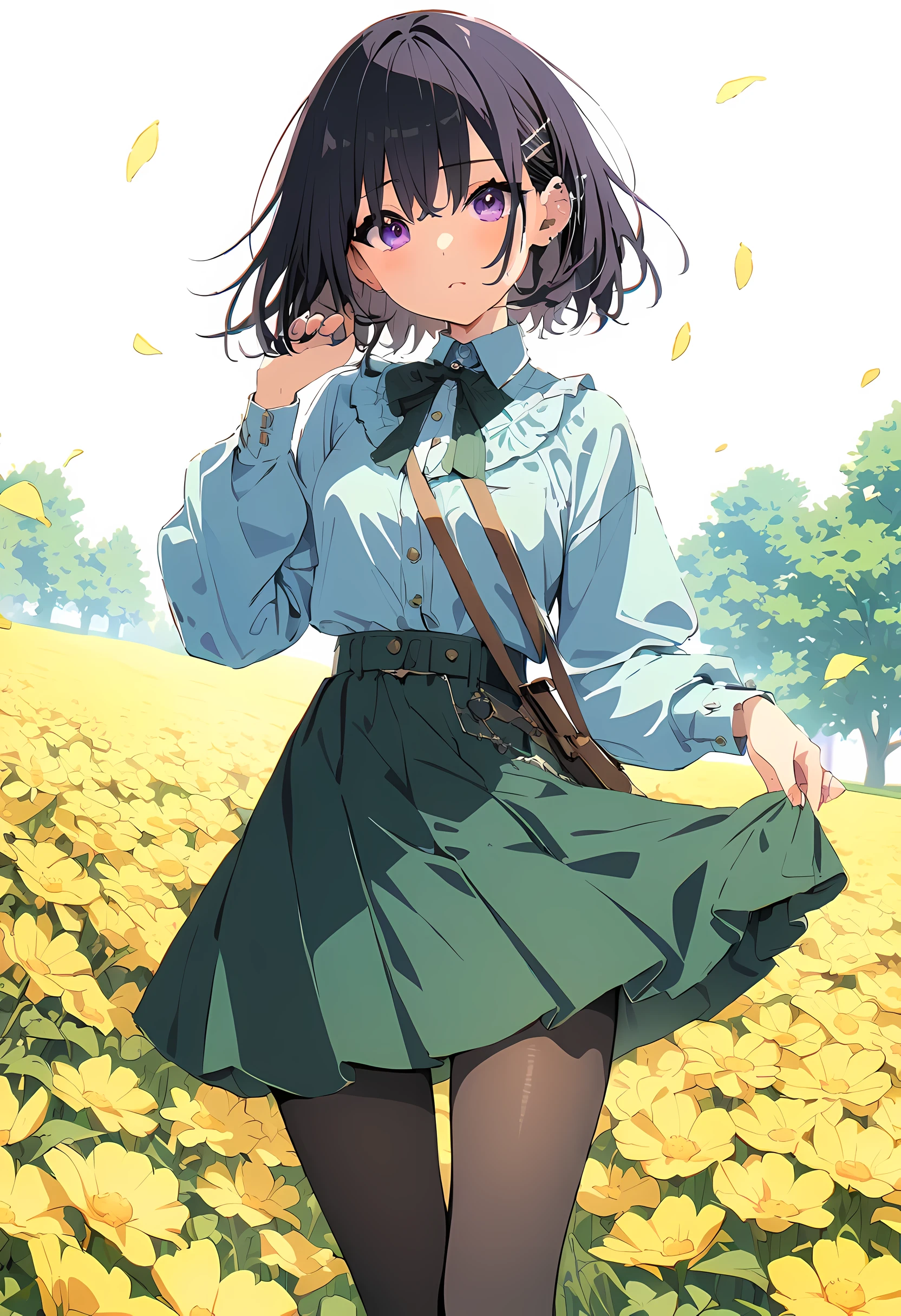 (masterpiece), (best quality), (Very detailed),black pantyhose, skirt, ear,eternal, flower field,