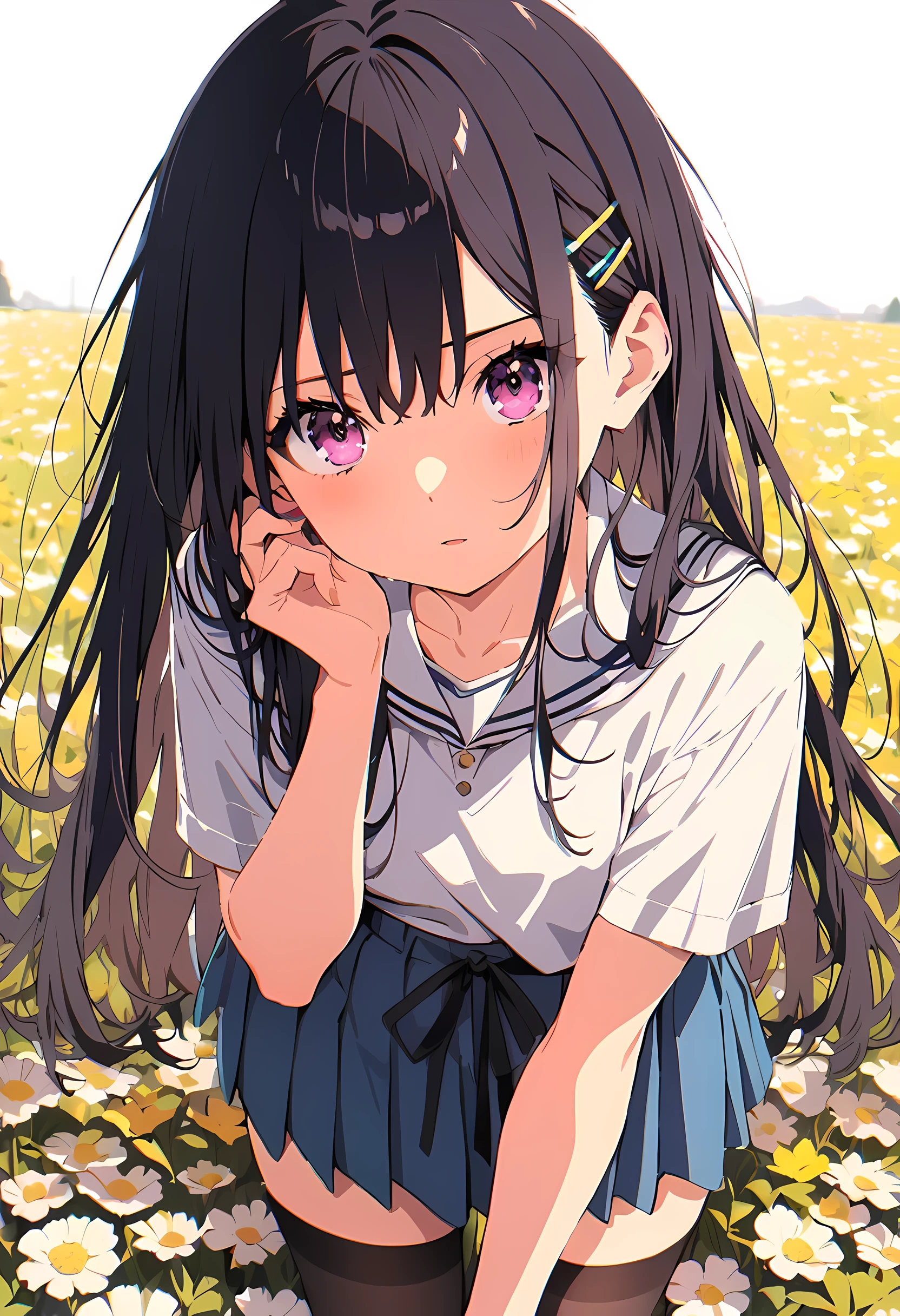 (masterpiece), (best quality), (Very detailed),black pantyhose, skirt, ear,eternal, flower field,
