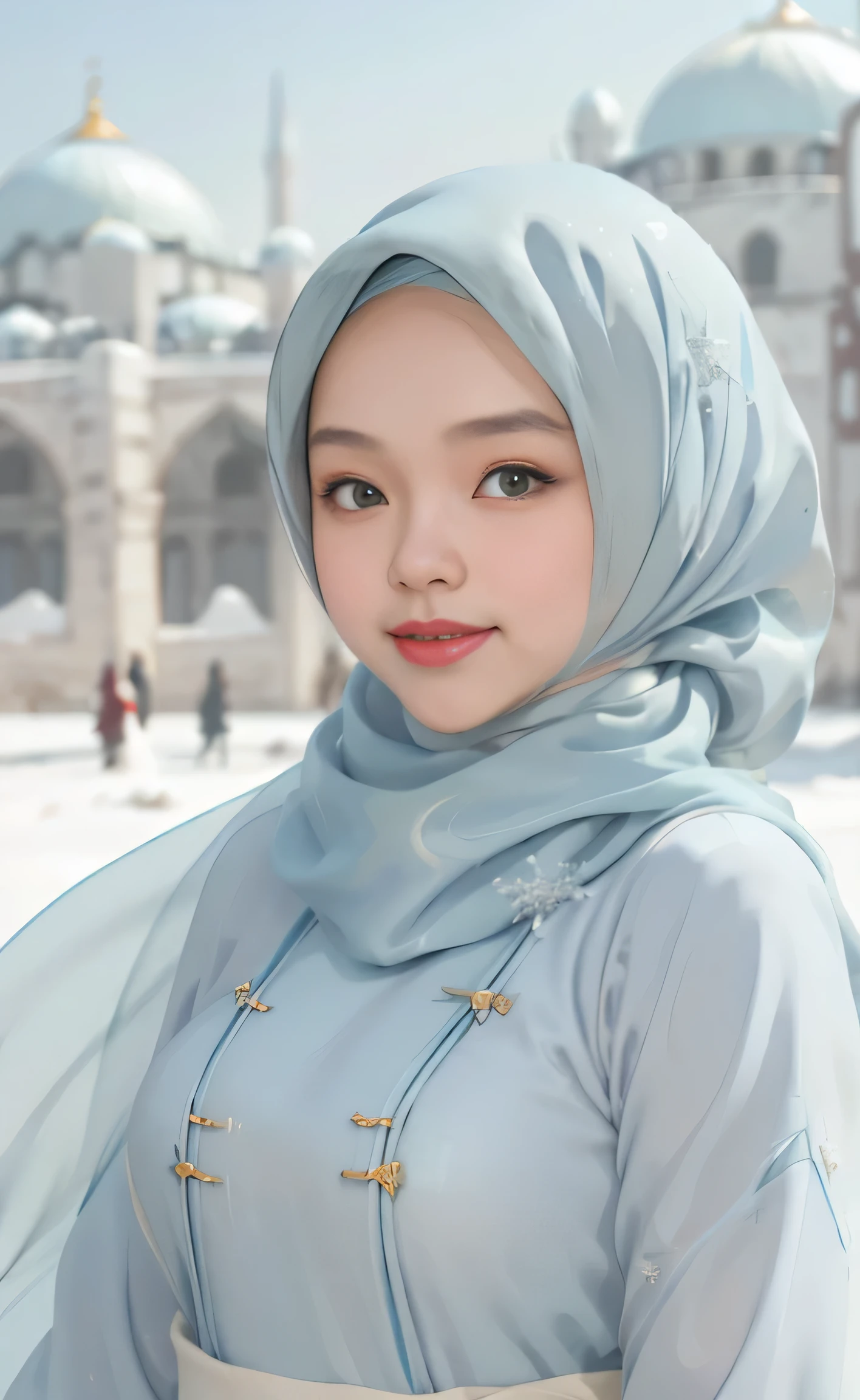 Best quality, 4K picture quality, 1 malay girl in hijab, light blue Hanfu, snow, long hijab fluttering in the wind, healing smile, large aperture, blurred background, blue mosque in background, morning lighting