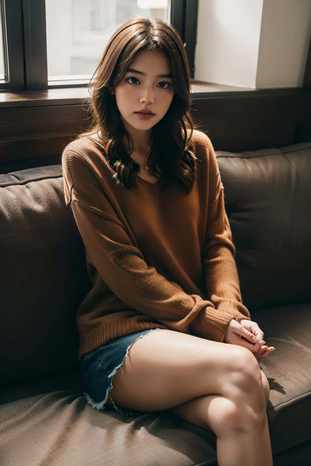 1girl,sitting on a cozy couch,crossing legs,soft light