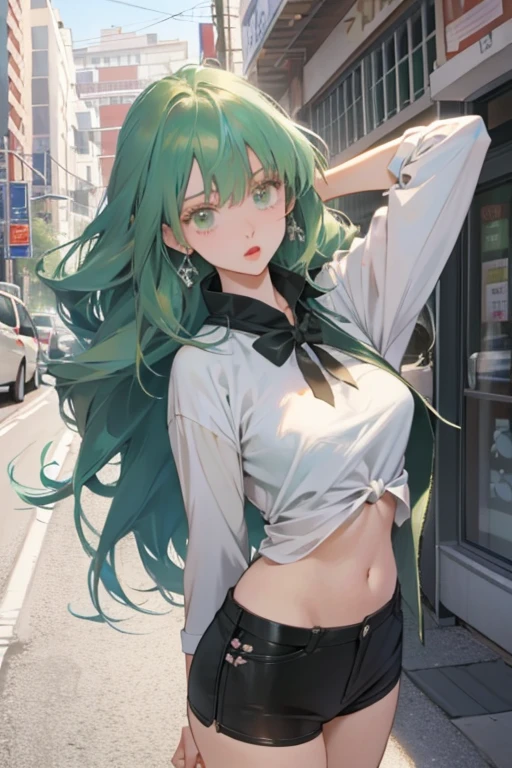 (Best quality at best,4K,8K,A high resolution,tmasterpiece:1.2),ultra - detailed,(actual,realisticlying,Photorealistic:1.37),Anime girl posing in bikini on the street, of anime girls, Cute girl with anime visuals,  and elegant , smooth anime cg art, animemanga girl, Long haired green hair anime girl, Beautiful anime boy, attractive anime girls, style of anime, anime goddess, anime visual of a young woman, Anime art style from Pixiv, , vivd colour, dynamic lighting