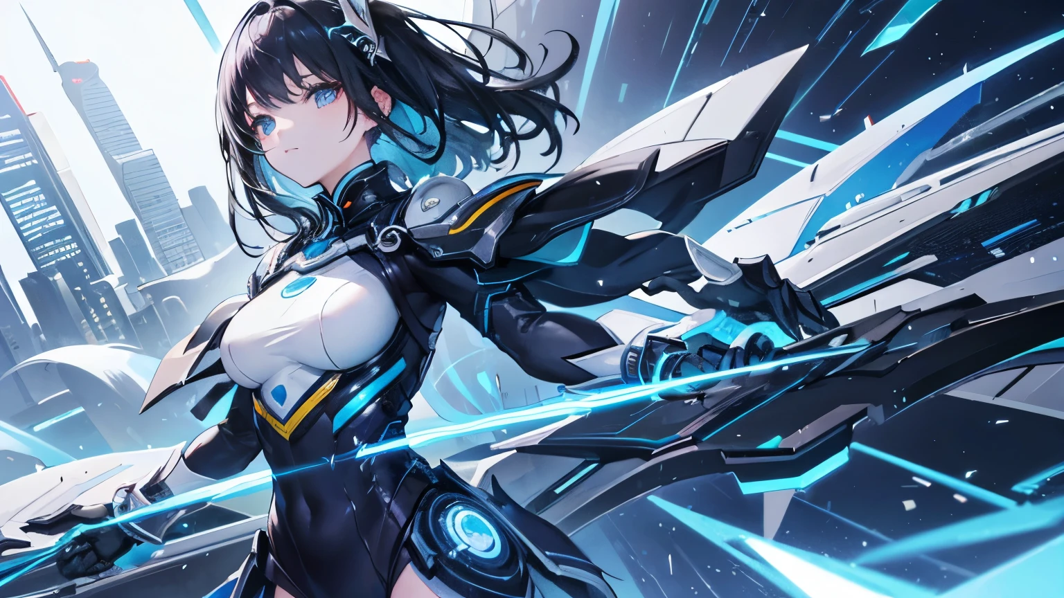 Mechanical、(((Dynamic movement)))、black hair、dreamy girl、Futuristic cityscape、rays of light、chakram