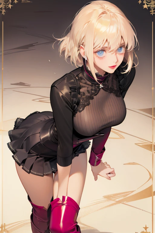 ((a 25yo girl), Sayla Mass, elegant), bending waist,whole body、see the beholder, young woman,bright smile、shy、blush、expression of ecstasy、erotic、charming、Charm、bob short、bangs、shiny blonde hair、blue eyes、long, well-shaped eyelashes、perfect eyes、Slender eyes、glossy pale pink lips、（Plump slender body of a young woman、plump body:1.3、shiny skin、Beautiful big breasts:1.1、thin waist、Beautiful butt、Thick thighs、beautiful long legs）、perfect arms、perfect hands、perfect fingers、perfect body shape、perfect anatomy、(Army pink uniform dress with short super uper miniskirt You can see the pants in the miniskirt), cameltoe, lilac lace shorts、Bright red long boots), steam、steam、sexy genital pose gesture、cheeky pose、(putting fingertips on lips),(with sparkling eyes and a contagious smile),nsfw, From Above、cowboy shot, no gravity, figure, Bright colors, Practical Light, (background is blurred:0.8)、highest quality, disorganized, good quality、Realistic, ultra high resolution, masterpiece、HDR、UHD、8k 