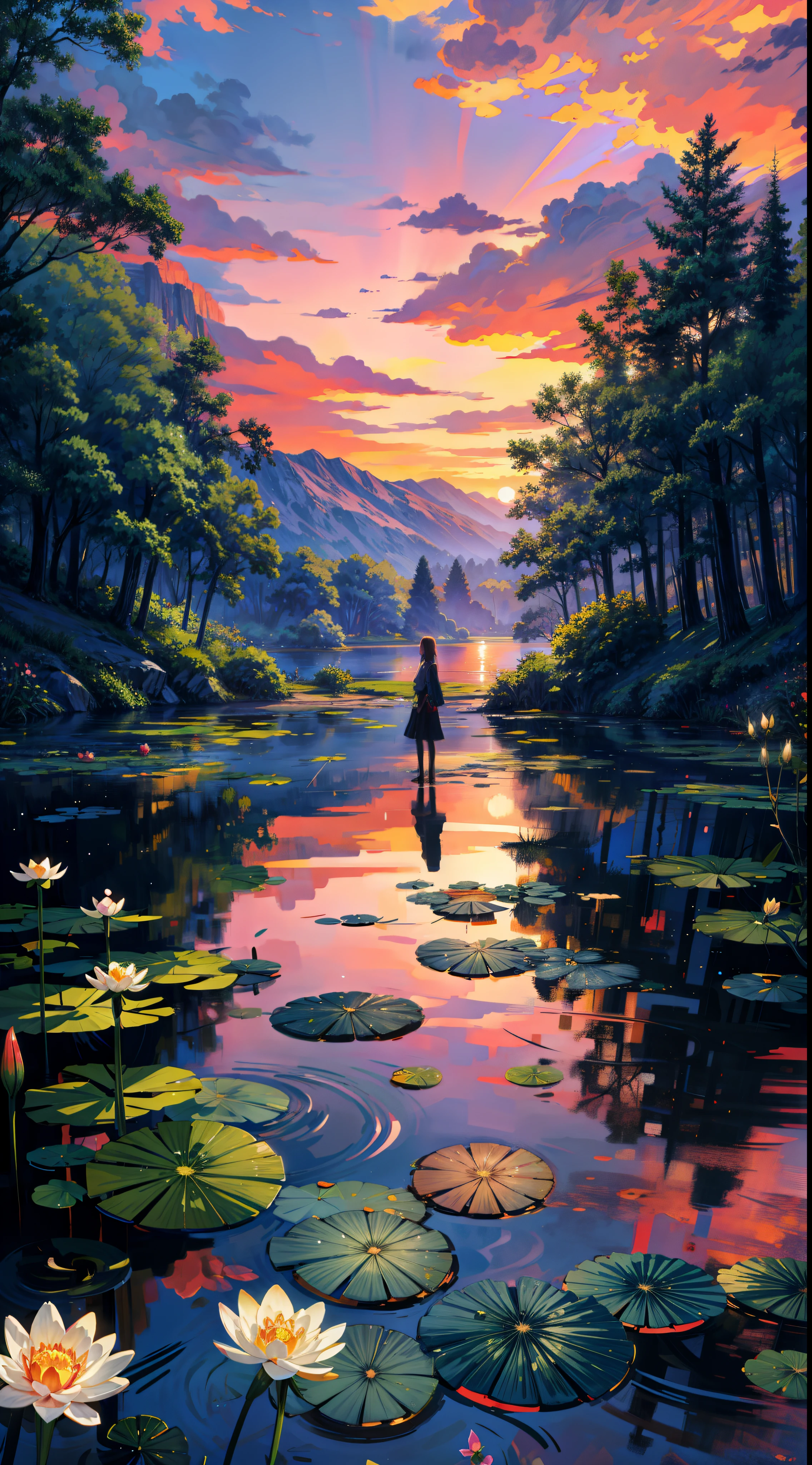a painting of a sunset over a lake with lily pads, floral sunset, beautiful lake background, anime nature, nature wallpaper, lotus flowers on the water, anime nature wallpap, beautiful lake, lake background, summer lake setting, anime scenery, nature background, nature painting, by Edward Okuń, dream scenery art, gorgeous painting, beautiful digital artwork, serene colors, 4k hd,, beautiful art uhd 4 k, a beautiful artwork illustration, beautiful digital painting, highly detailed digital painting, beautiful digital artwork, detailed painting 4 k, very detailed digital painting, rich picturesque colors, gorgeous digital painting