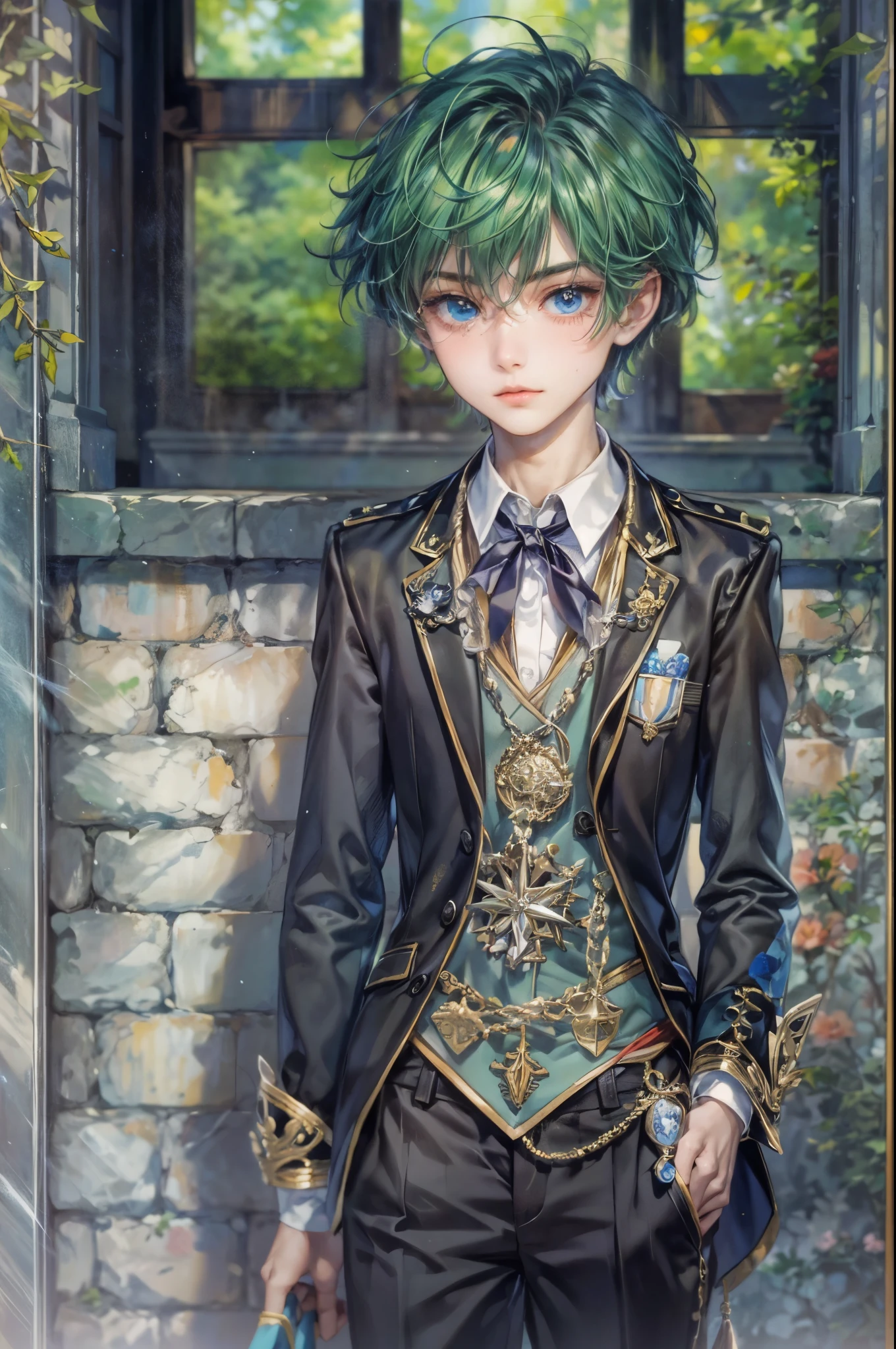 ((Best quality)), ((masterpiece)), (detailed), ((perfect face)), ((halfbody)) Paint a captivating scene featuring a boy male character from Anime Binan Chikou Boueibu, with a focus on his emotional connection and the harmonious blend of their unique talents. background is a detailed small town and a spooky cobblestone path through a Victorian Gate