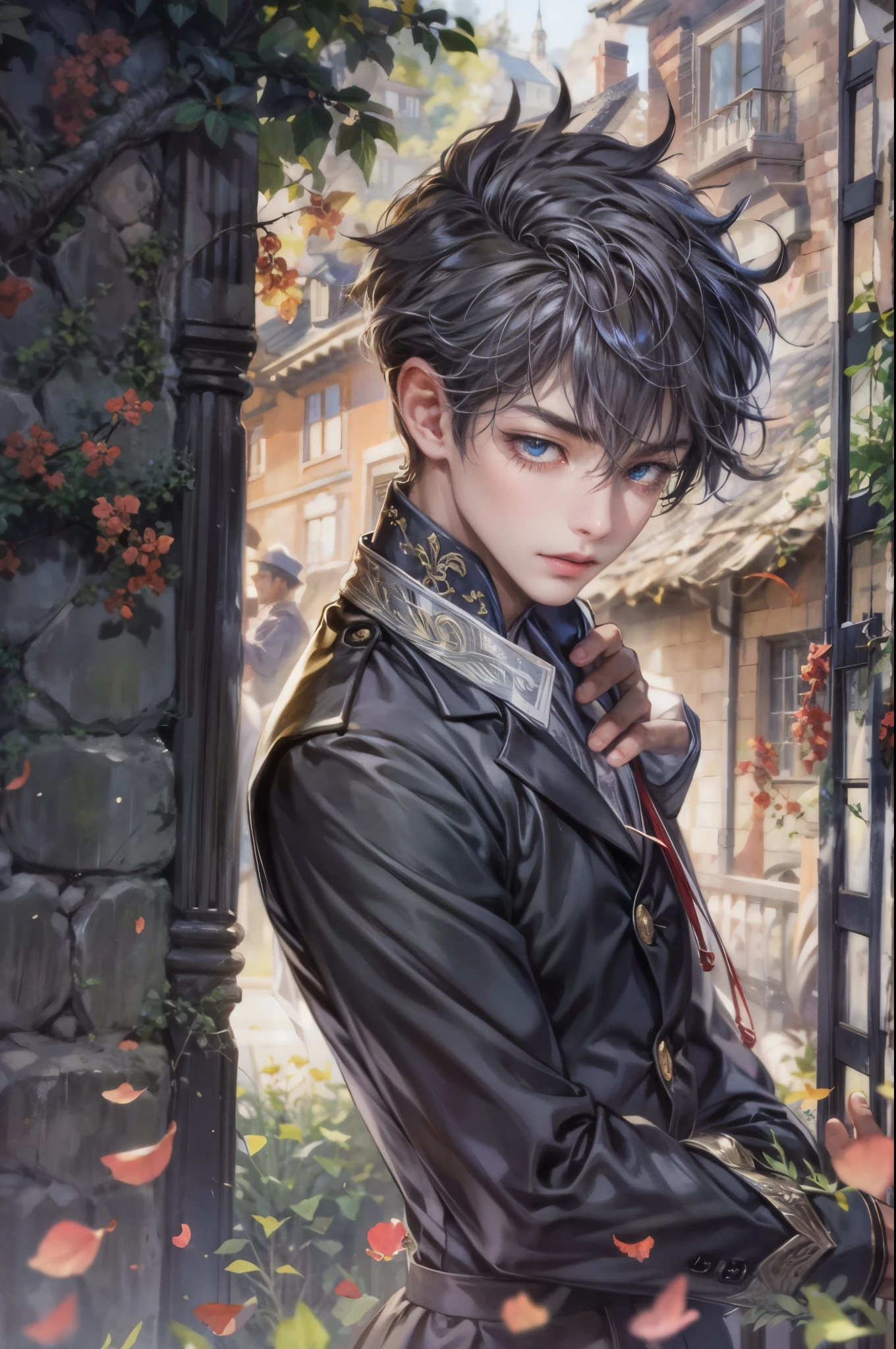 ((Best quality)), ((masterpiece)), (detailed), ((perfect face)), ((halfbody)) Paint a captivating scene featuring a boy male character from Anime Binan Chikou Boueibu, with a focus on his emotional connection and the harmonious blend of their unique talents. background is a detailed small town and a spooky cobblestone path through a Victorian Gate